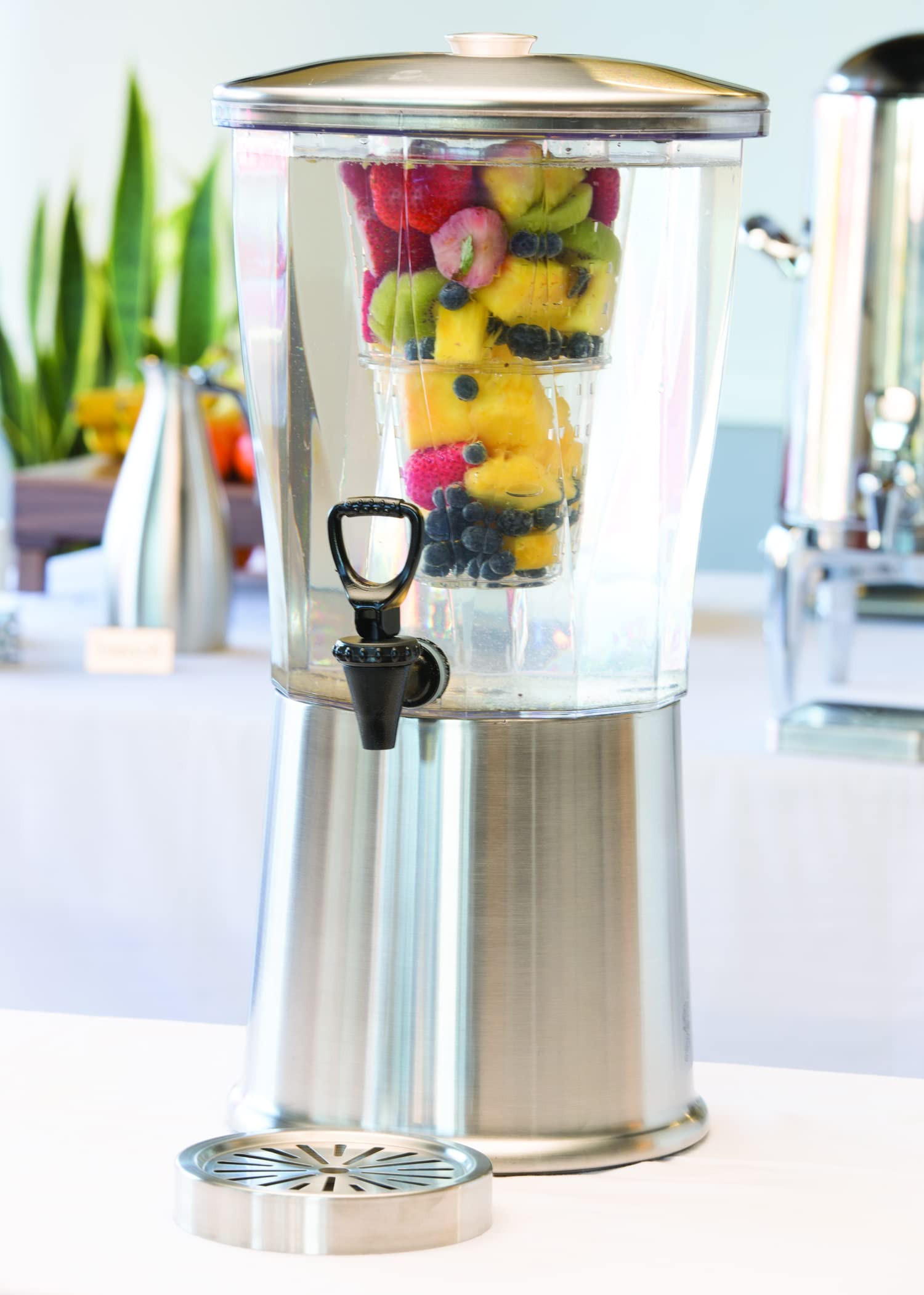 3 Gallon Round Beverage Dispenser with Plastic Container & Infuser Tube - Stainless Steel Base & Lid, NSF Certified - Perfect for Parties, Events & Catering