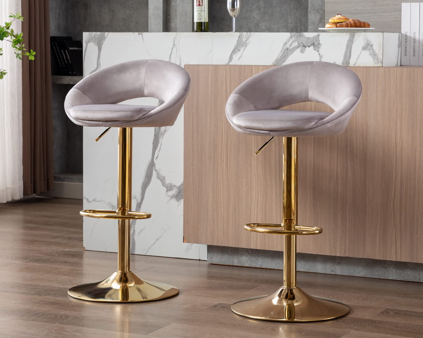 CIMOTA Swivel Velvet Bar Stools Set of 2 - Adjustable Height 24-33 Inch Counter Stools with Gold Base & Open Back - Modern Kitchen Island, Home Bar & Dining Room Seating - Perfect for Breakfast Nook, Bistro & Entertainment Areas