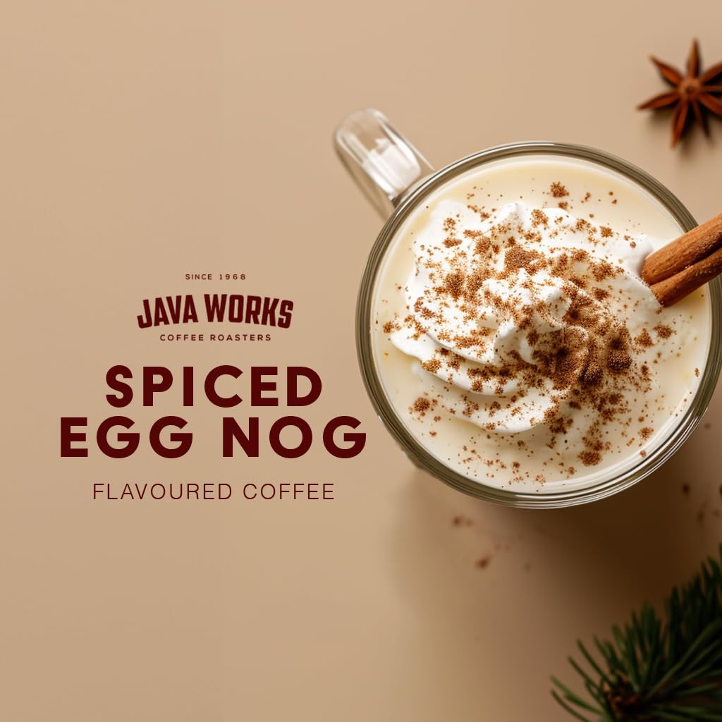 Java Works Coffee - Spiced Egg Nog Flavored Ground Coffee, 12oz (340g) | Holiday Season Limited Edition | Perfect for Christmas Gifts & Cozy Winter Mornings