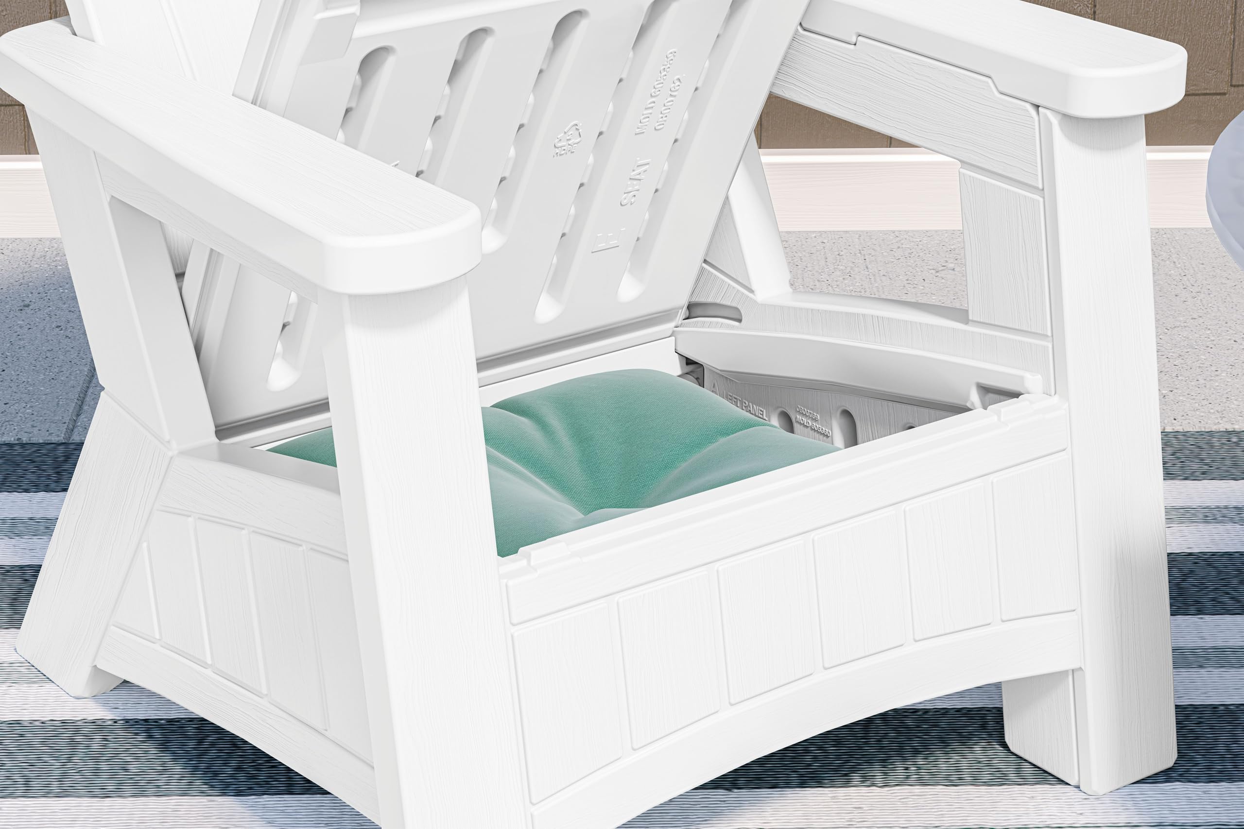 Suncast UV-Resistant White Adirondack Patio Chair with Built-in Seat Storage - Durable Outdoor Furniture for Backyard, Garden, Poolside & Deck Relaxation