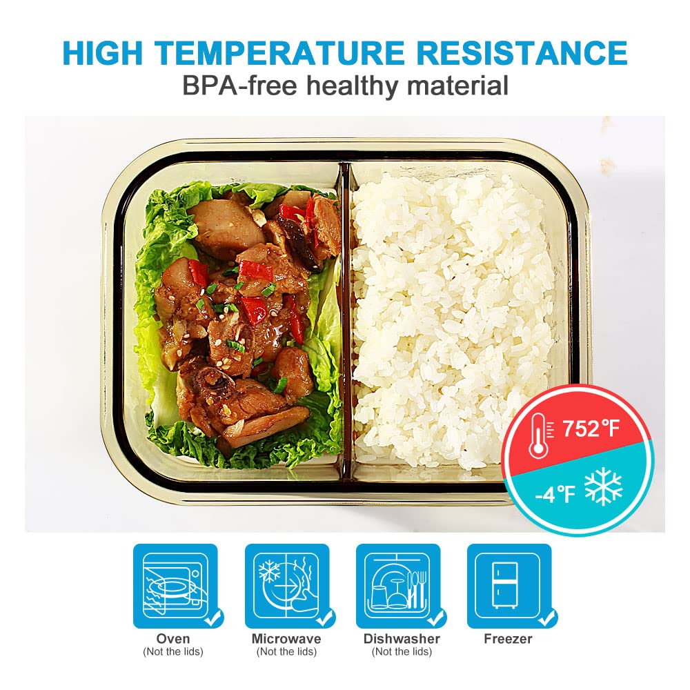 DAS TRUST 3-Pack Glass Food Storage Containers with Lids - 2 Compartment Bento Box for Meal Prep, Lunch & Leftovers | Reusable, Leakproof & Microwave Safe | Perfect for Office, School & Picnics