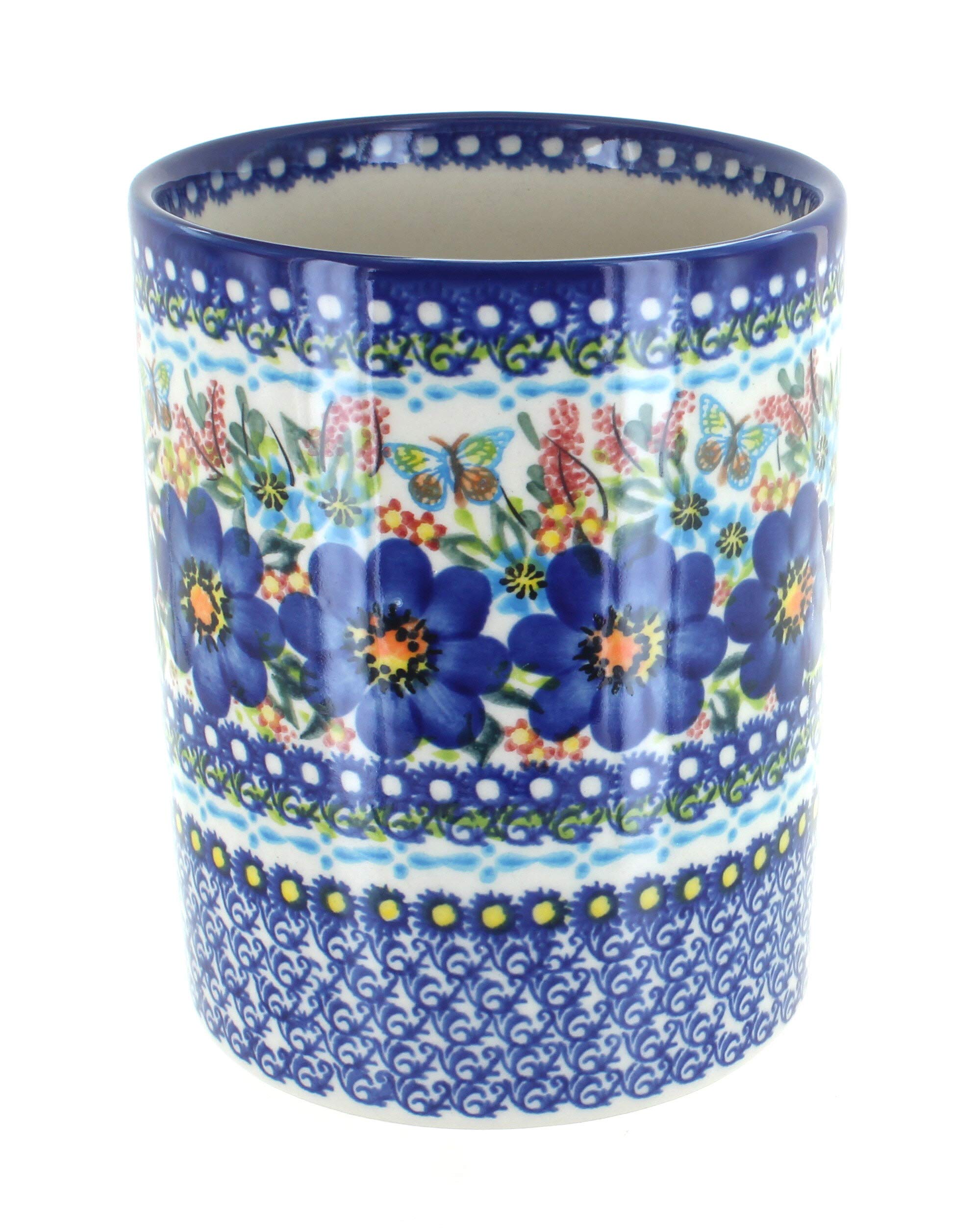Handmade Blue Rose Polish Pottery Jar - Elegant Kitchen & Dining Utensil Holder | Perfect for Home Decor, Gift Giving & Countryside Cottage Style