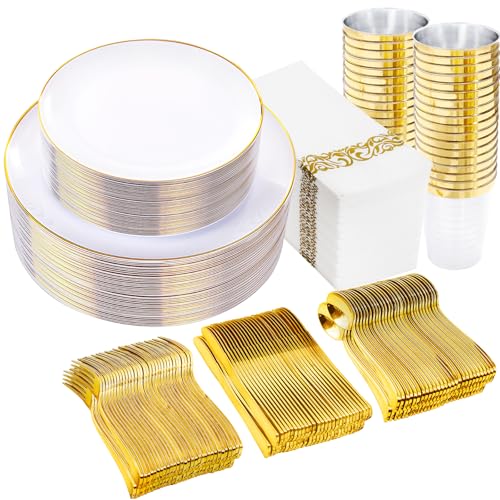 350pcs White Plastic Plates with Gold Rim