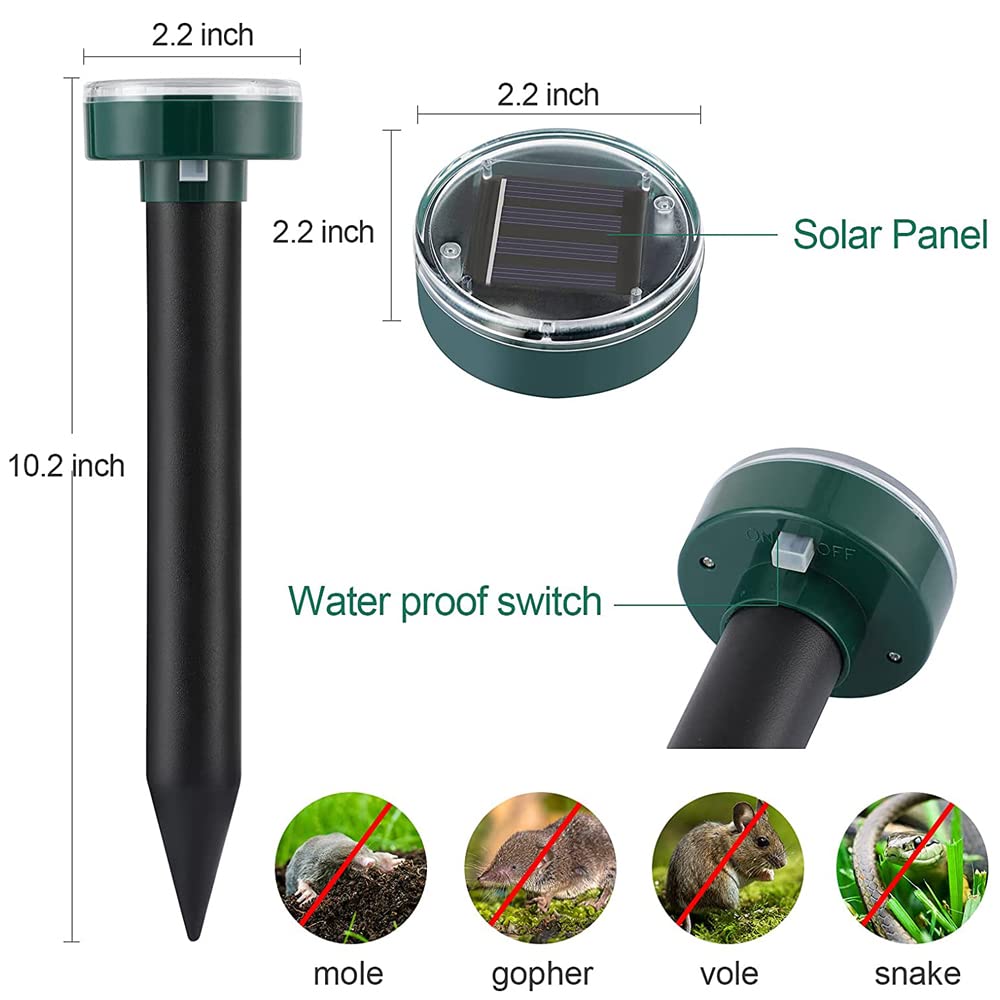 (2 Pack) Solar Powered Ultrasonic Gopher Repellent - Waterproof IP65 Mole & Rodent Deterrent with Auger Drill Bit - Effective Against Groundhogs, Voles, Snakes - Perfect for Gardens, Lawns & Farms
