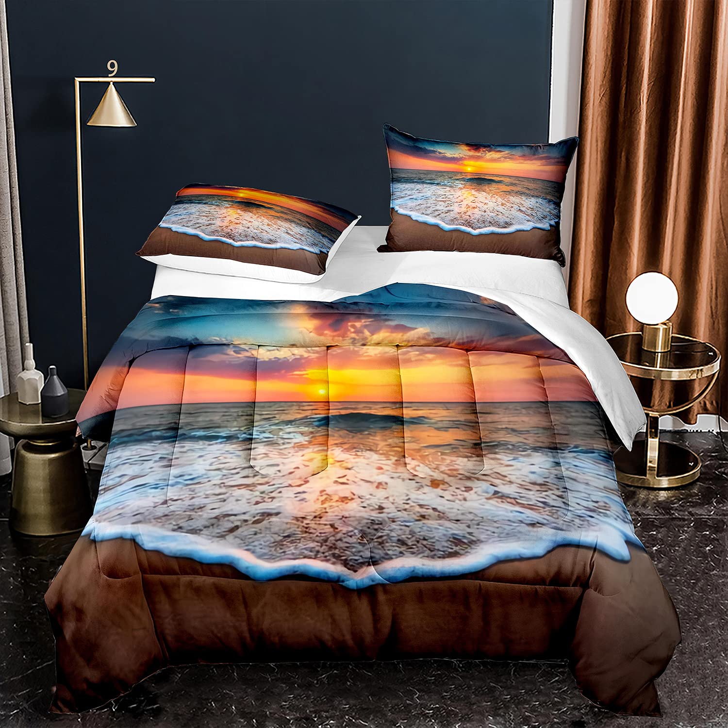 Ocean Wave Sunset Full Bed Comforter Set - 1 Comforter + 2 Pillow Shams, Coastal Beach Themed Bedding for Master Bedroom or Guest Room Decor