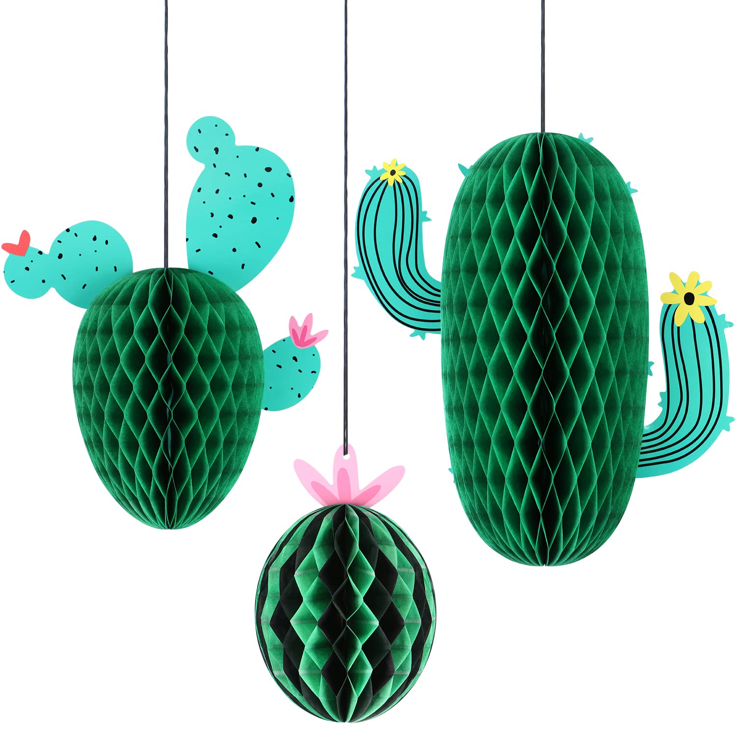 3-Piece Cactus Honeycomb Table Centerpieces - Mexican Fiesta Party Decor, Tropical Theme Wedding & Home Decor for Cinco de Mayo, Summer Parties, and Boho Home Styling