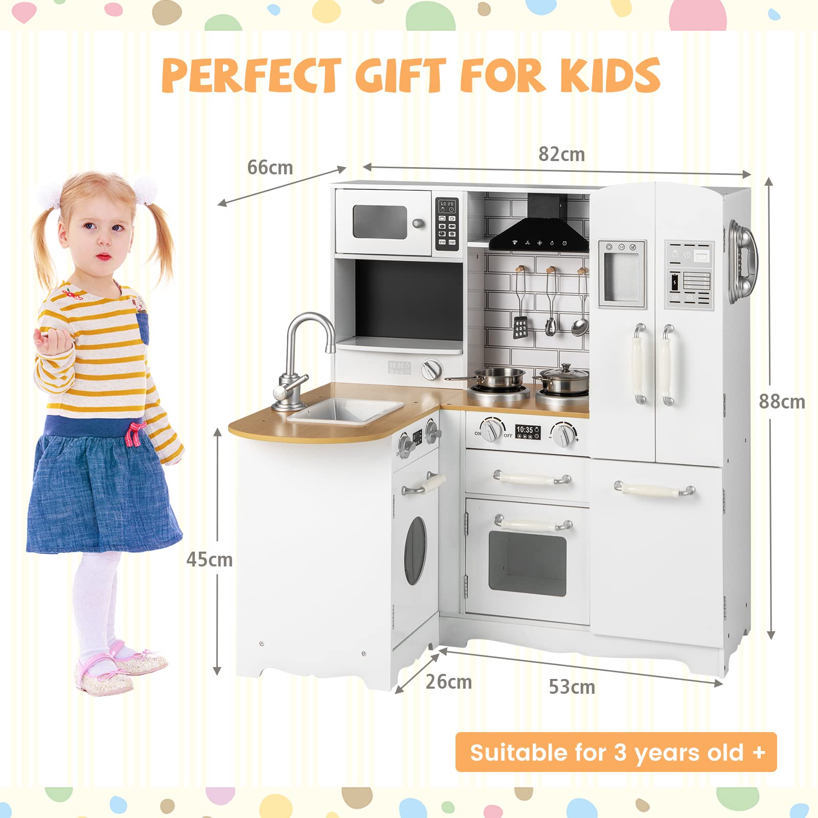 HONEY JOY Wooden Play Kitchen Set for Toddlers - Pretend Play Toy with Microwave, Refrigerator, Water Dispenser & Cookware - Little Chef Role Play Kitchen for Boys & Girls - Perfect for Home, Preschool & Daycare Pretend Cooking Activities