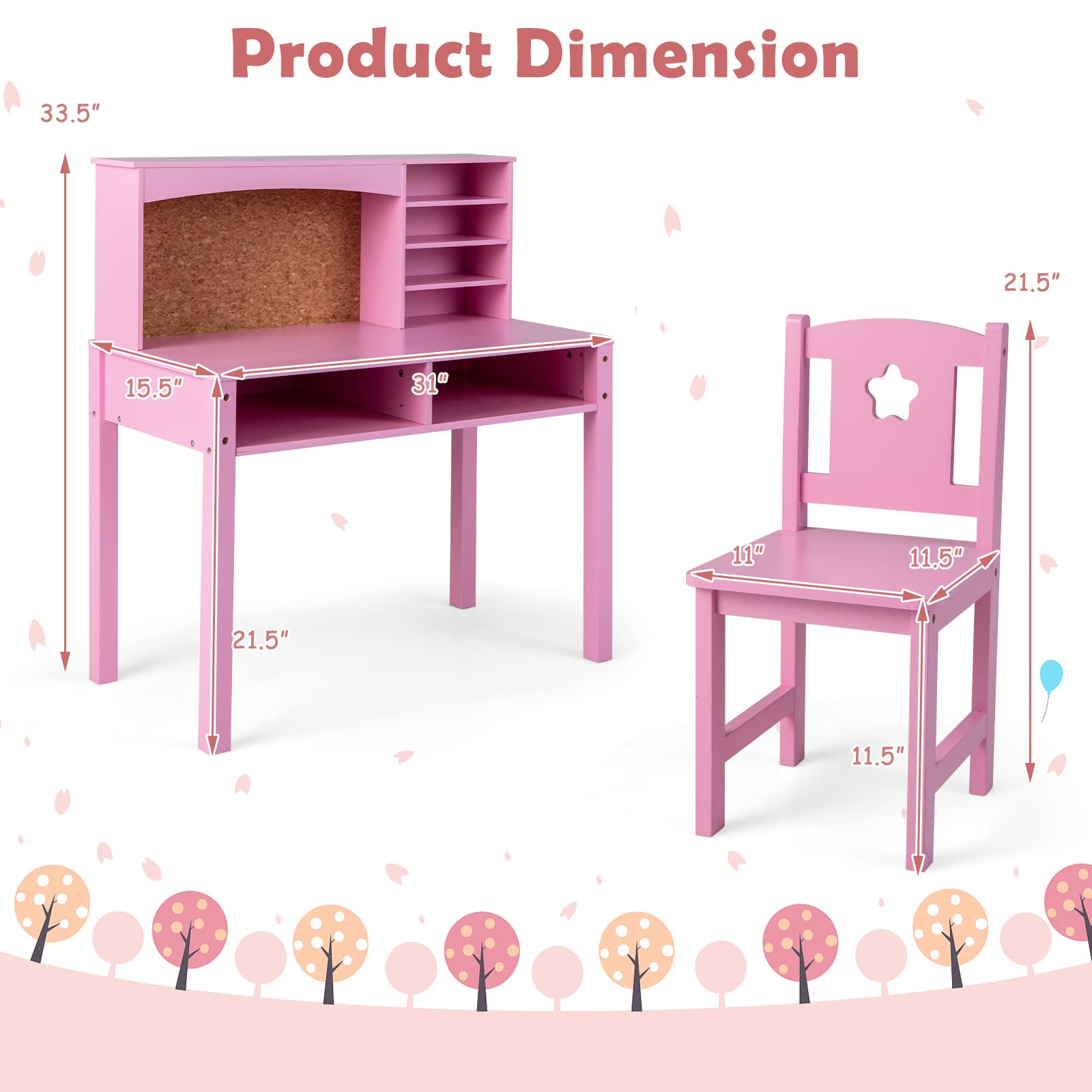 Costzon Kids Desk and Chair Set - Adjustable Wooden Study Desk with Storage Hutch, Cork Bulletin Board & Bookcase | Ergonomic Student Writing & Computer Workstation for Bedroom, Study Room & Homeschooling - Pink (Perfect for Remote Learning & Homework Organization)