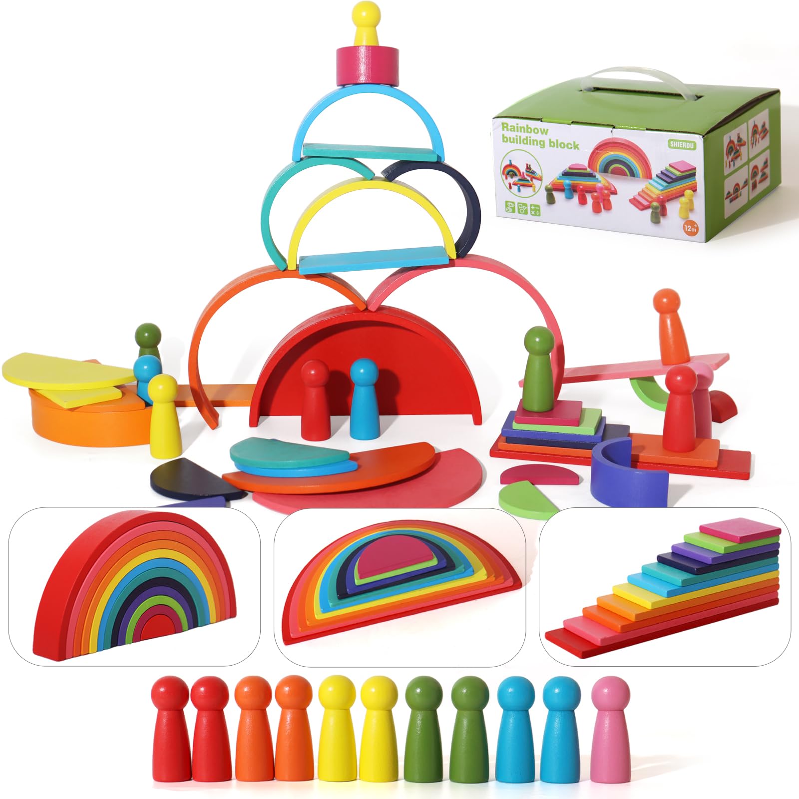 4-in-1 Montessori Wooden Building Blocks Set - Educational Rainbow Stacking Toys for Kids Ages 3-5 | STEM Learning, Early Development & Creative Play | Perfect Gift for Boys & Girls (45-Piece) | Ideal for Preschool Activities, Birthday Gifts & Classroom Learning Tools