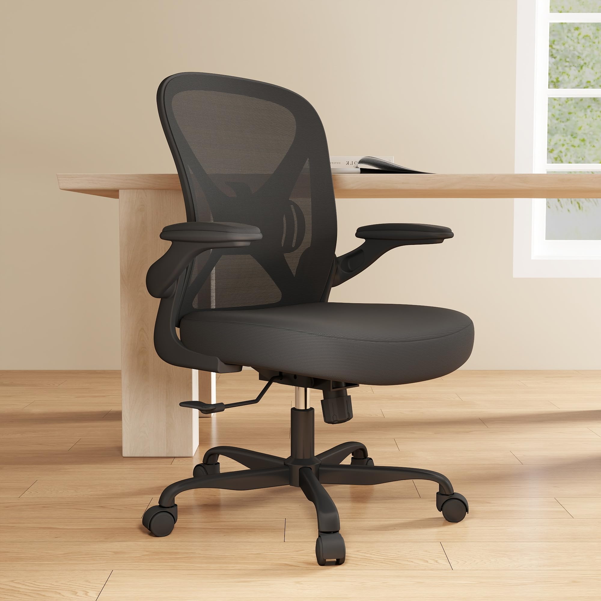 Ergonomic Mesh Office Chair with Adjustable Lumbar Support - Breathable Home Desk Chair with Wheels, Flip-Up Arms & Height Adjustment - Perfect for Home Office, Gaming & Workspace (Black)