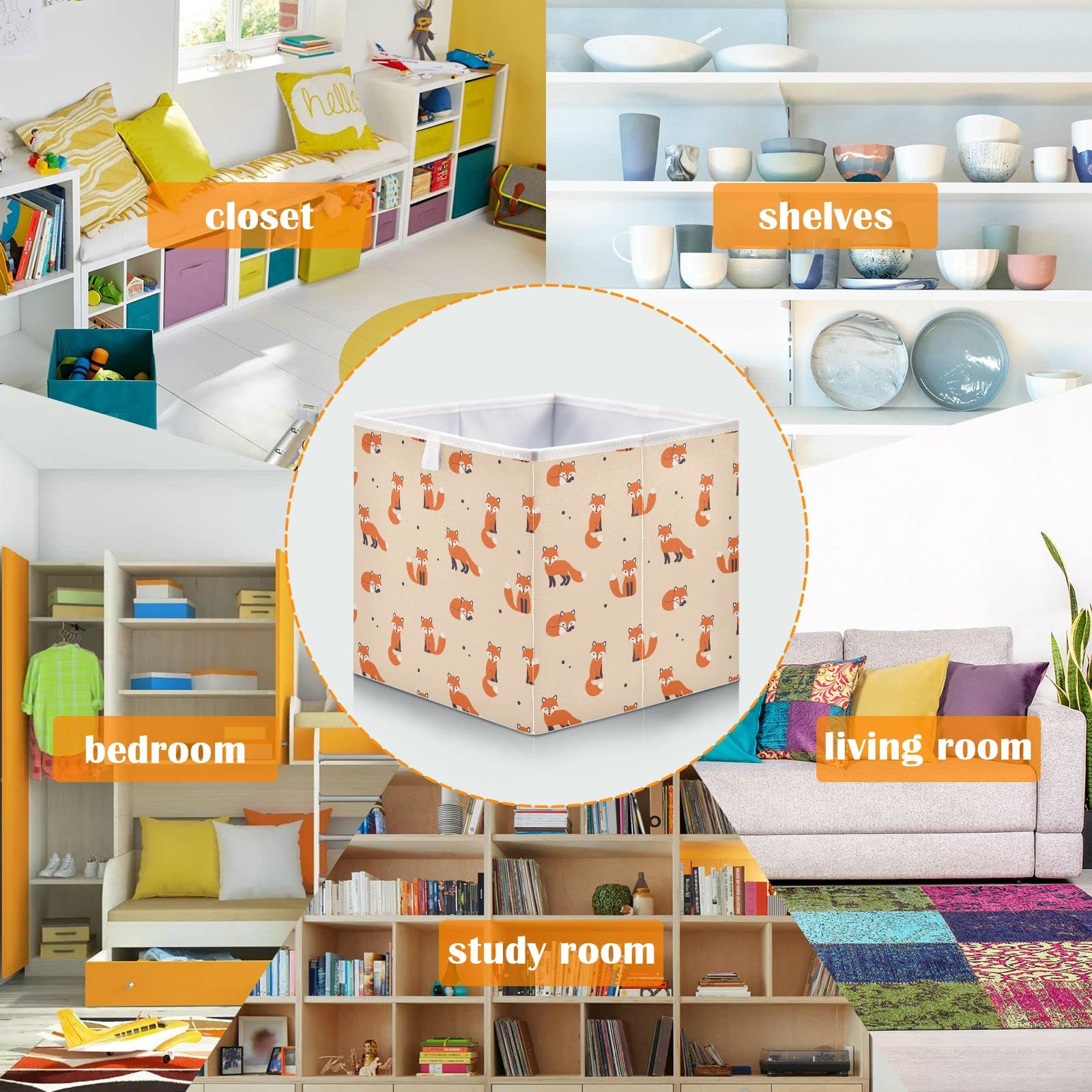 Bolaz Fox Pattern Storage Cubes - Foldable Fabric Bins for Home, Kids Room, Closet & Toy Organization | Perfect for Shelves, Cabinets & Nursery Decor
