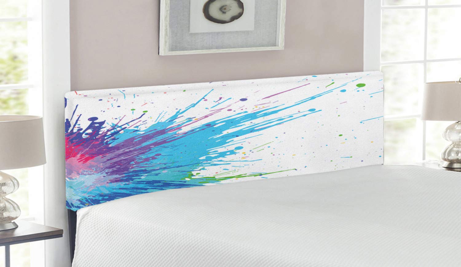 Lunarable Abstract Upholstered Headboard - Grunge Inspired Multicolor Paint Splatter Design, Memory Foam Padding, Queen Size Bed Headboard in White & Aqua - Perfect for Modern Bedroom Decor & Guest Room Styling