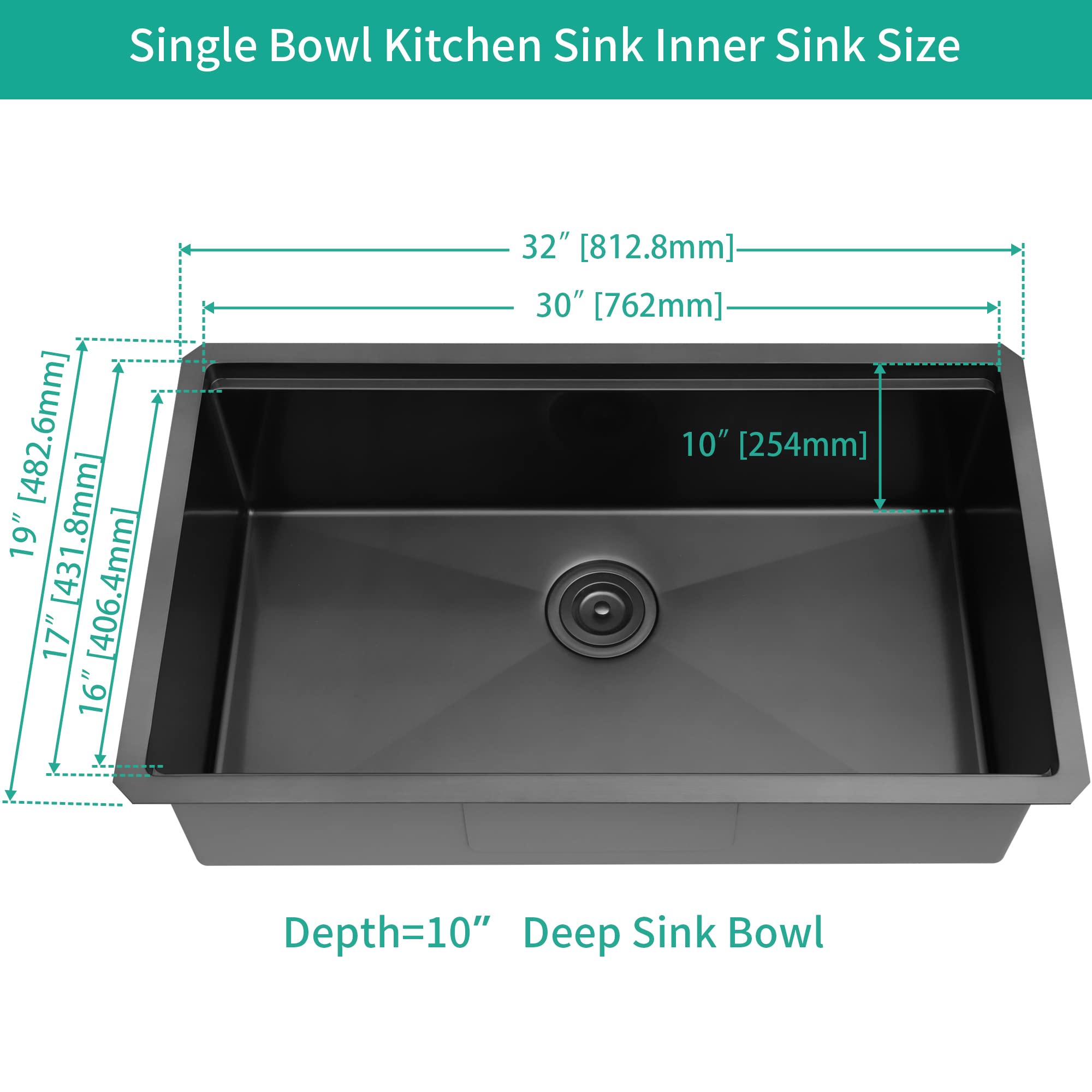 LQS 32 Inch Black Undermount Kitchen Sink - 16 Gauge Stainless Steel Workstation Sink with Accessories (32”x19”) | Deep Single Bowl for Modern Kitchens | Perfect for Meal Prep, Dishwashing & Entertaining
