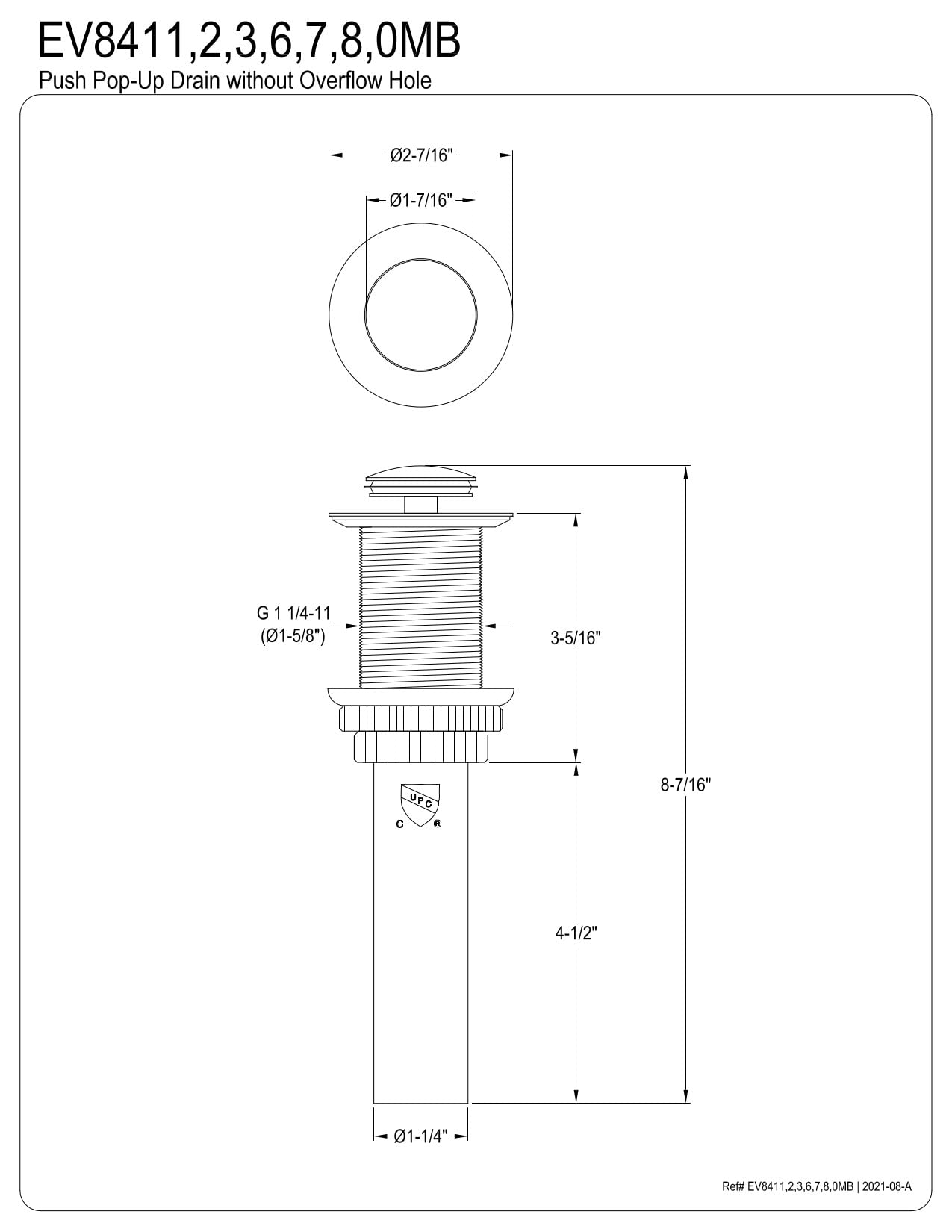 Kingston Brass EV8417 Coronet Push Pop-Up Bathroom Sink Drain - Brushed Brass Finish, 8.44