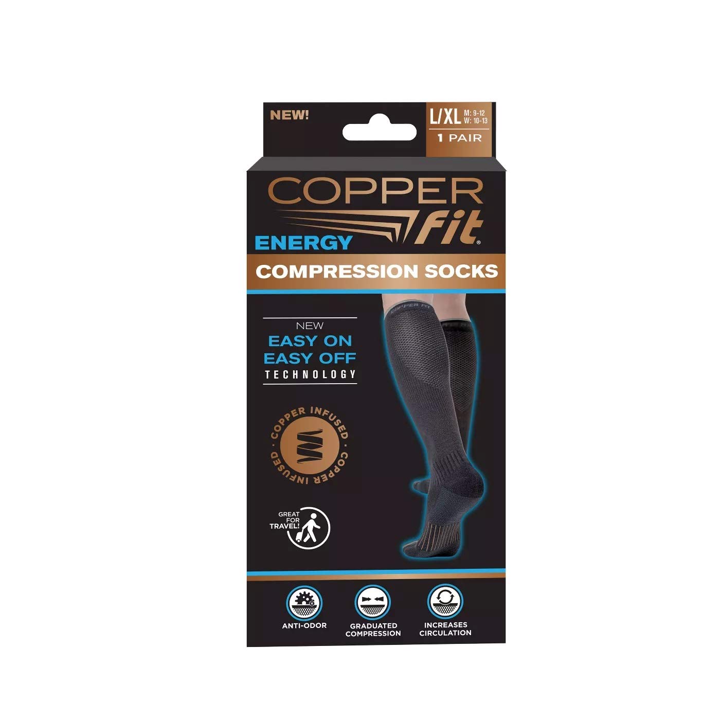 Copper Fit Energy Compression Socks - Knee High Support Socks for Men & Women (L/XL, Black) - Improve Circulation & Reduce Fatigue - Perfect for Running, Travel & Work