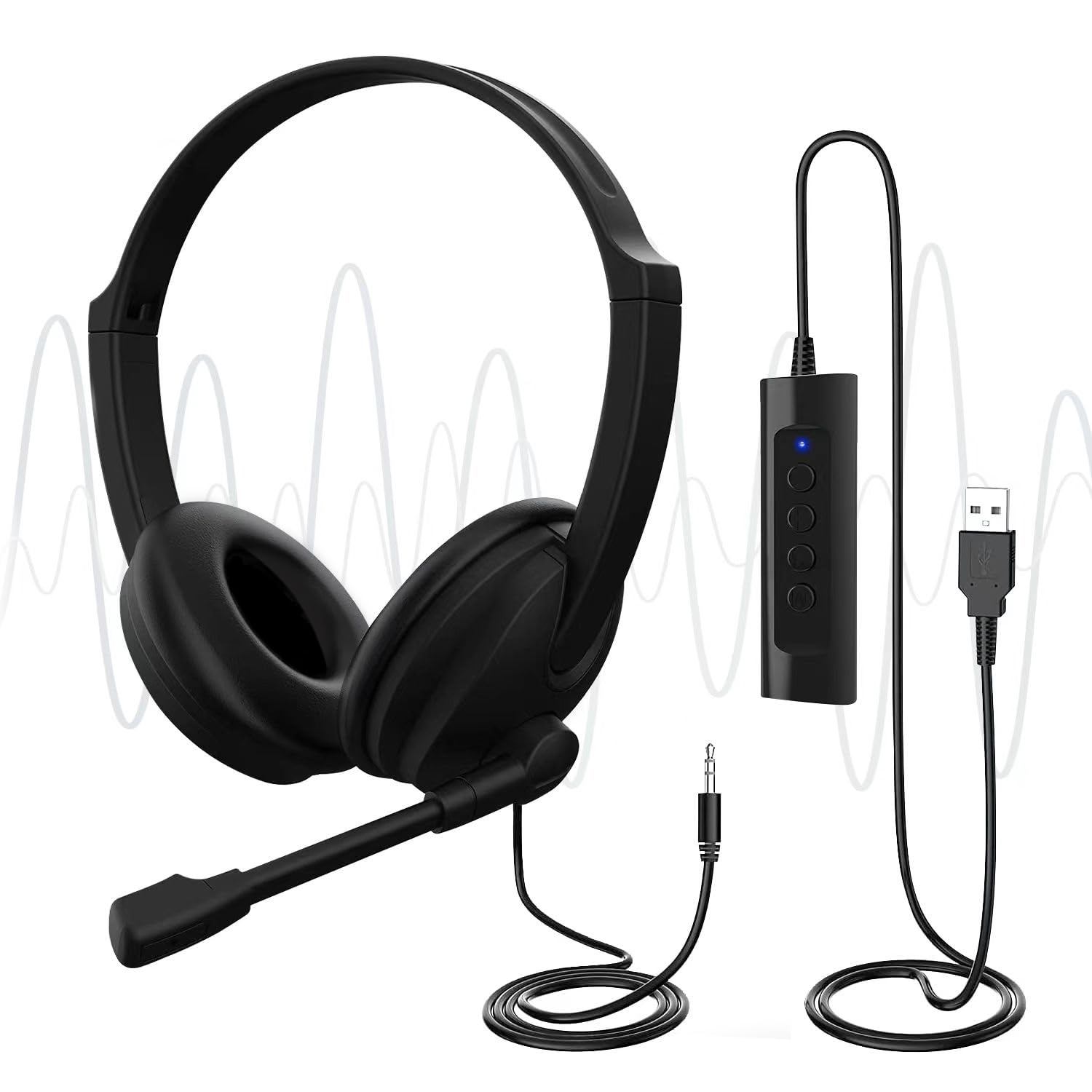 U17D 3m Noise Cancelling Headphones with Mic - Stereo USB/3.5mm Wired Headset for PC, Laptop, Call Center, Gaming & Office Use - Perfect for Long Work Sessions, Online Meetings & Music Listening