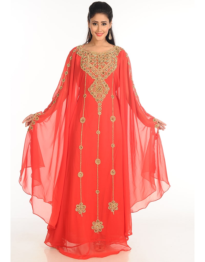 Arabic Peach Georgette Hand Zari Embroidered Farasha Dress - Elegant Traditional Attire for Weddings, Parties & Special Occasions