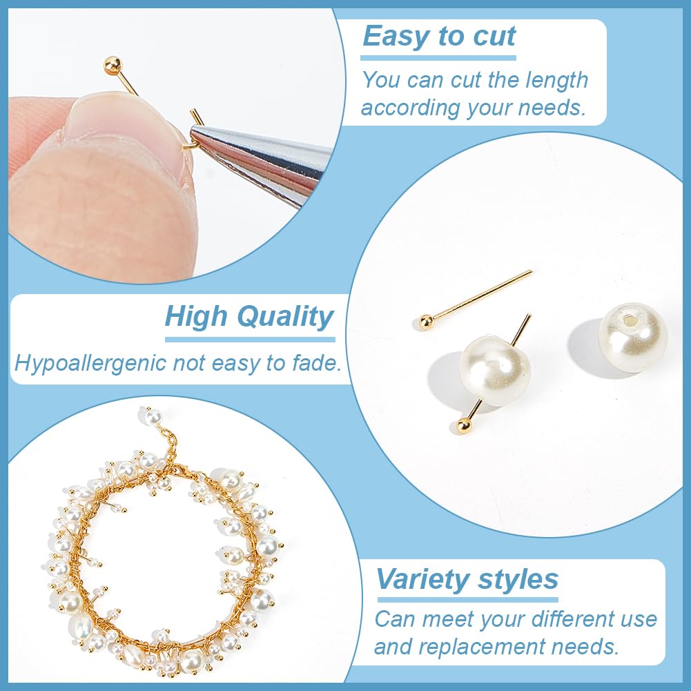 BENECREAT 400PCS 18K Gold Plated Ball Head Pins, 22 Gauge 0.6mm Brass Satin Pins, 0.6 Inch 16mm Straight Headpins for Jewelry Making - Perfect for Pendants, Earrings, Bracelets & DIY Craft Projects
