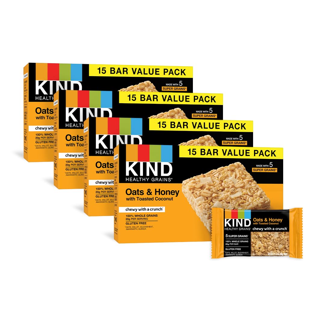 KIND Healthy Grains Bars - Gluten Free Oats & Honey with Toasted Coconut (60 Count, 1.2 oz) - Perfect for Breakfast, Snacks & On-the-Go Nutrition