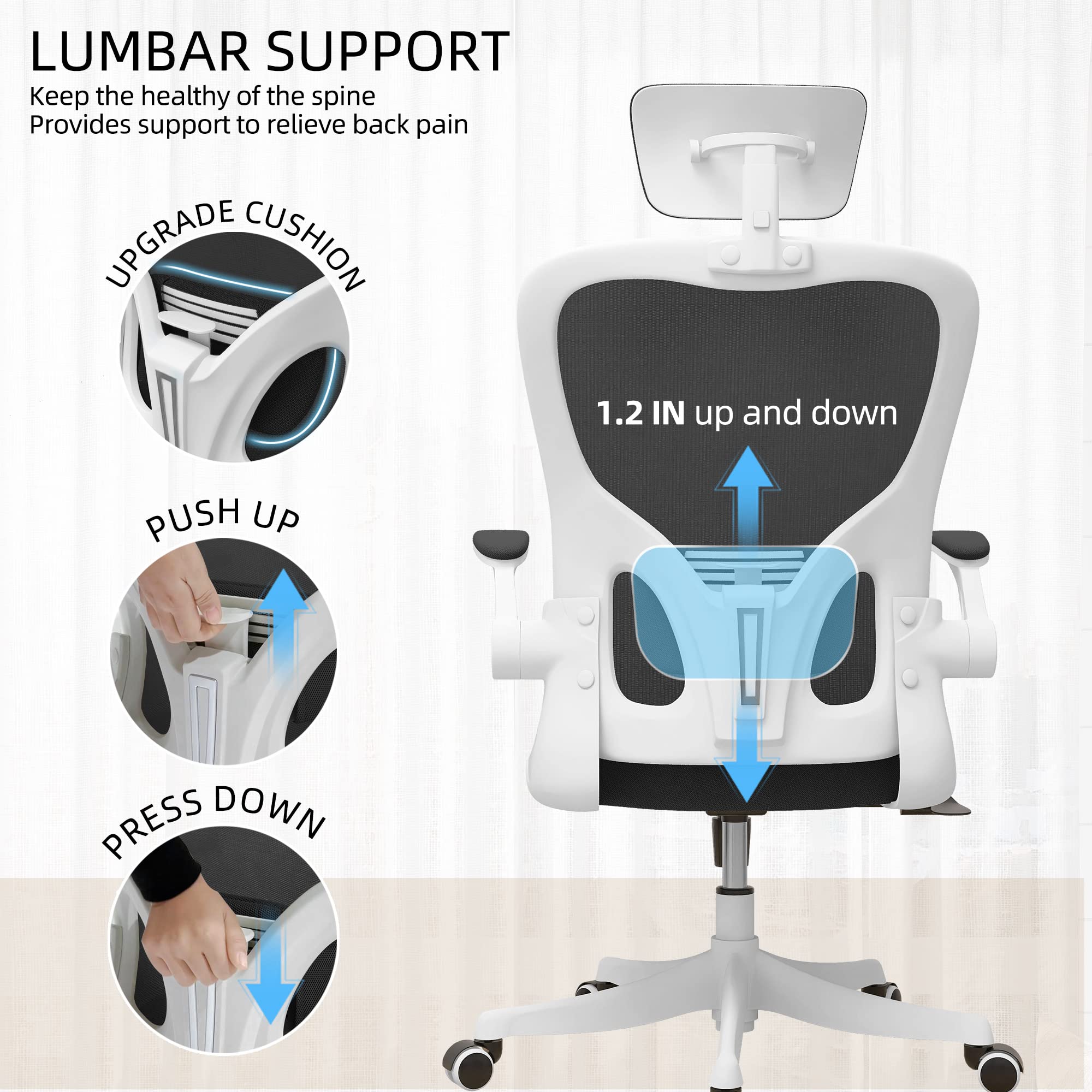 Monhey Ergonomic Office Chair with Lumbar Support, 3D Adjustable Headrest & Flip-Up Arms - High Back Mesh Computer Desk Chair with White Frame & Black Mesh - Perfect for Home Office, Gaming, and Study Workspaces