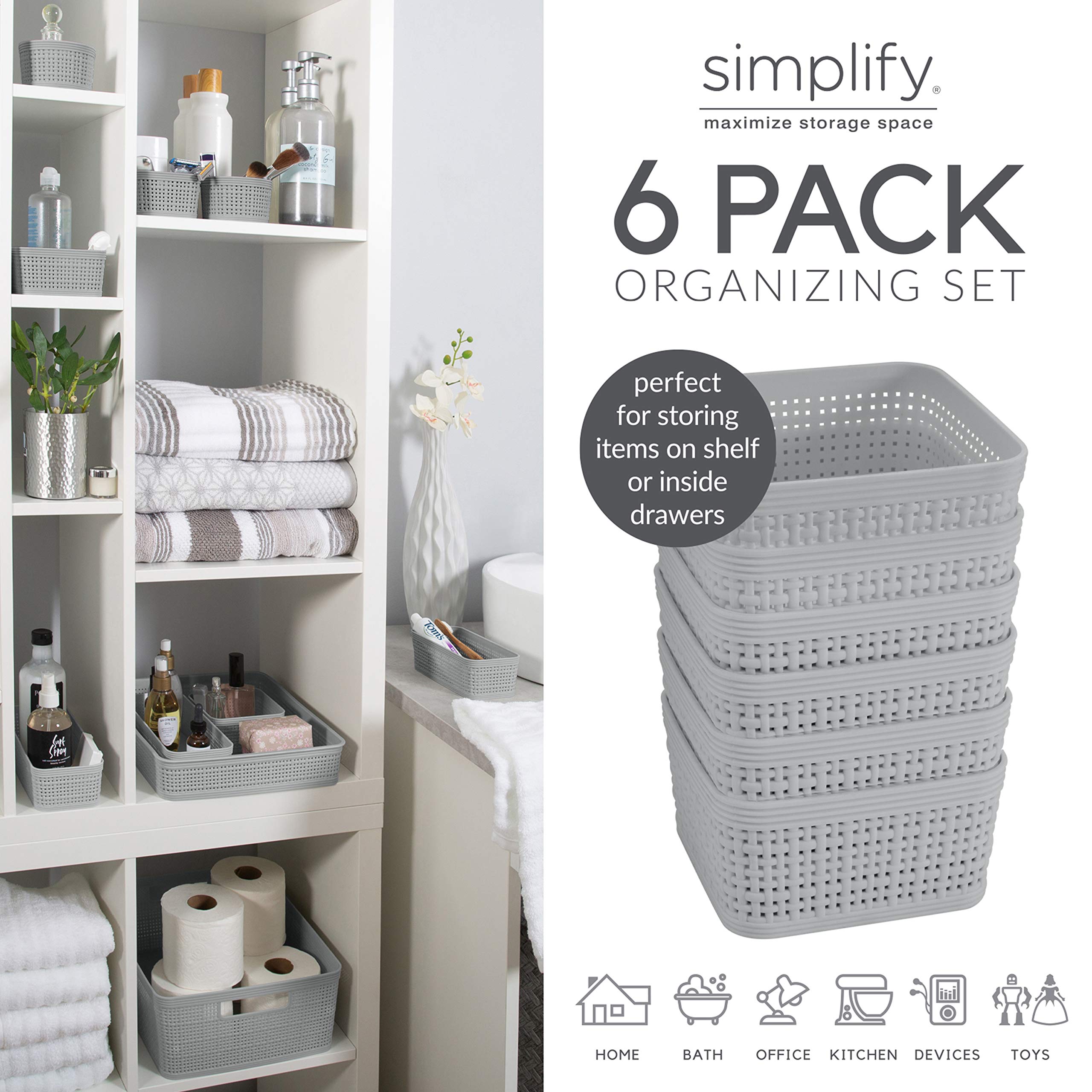 Simplify 6-Pack Square Storage Bins - Multipurpose Organizing Set for Office, Desk, Dorm & Bathroom | Small Items & Accessories Storage Baskets in Grey | Perfect for Home Organization & Clutter Control