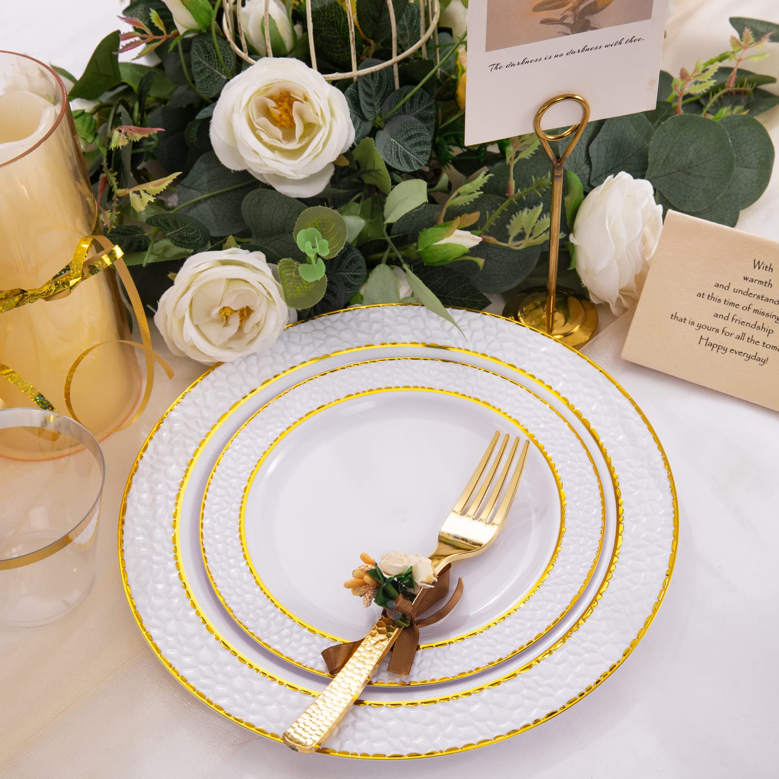 350-Piece Gold Plastic Dinnerware Set - Elegant White & Gold Disposable Plates, Cutlery & Cups for 50 Guests | Perfect for Weddings, Parties, Bridal Showers & Formal Events - Dishwasher Safe & Eco-Friendly