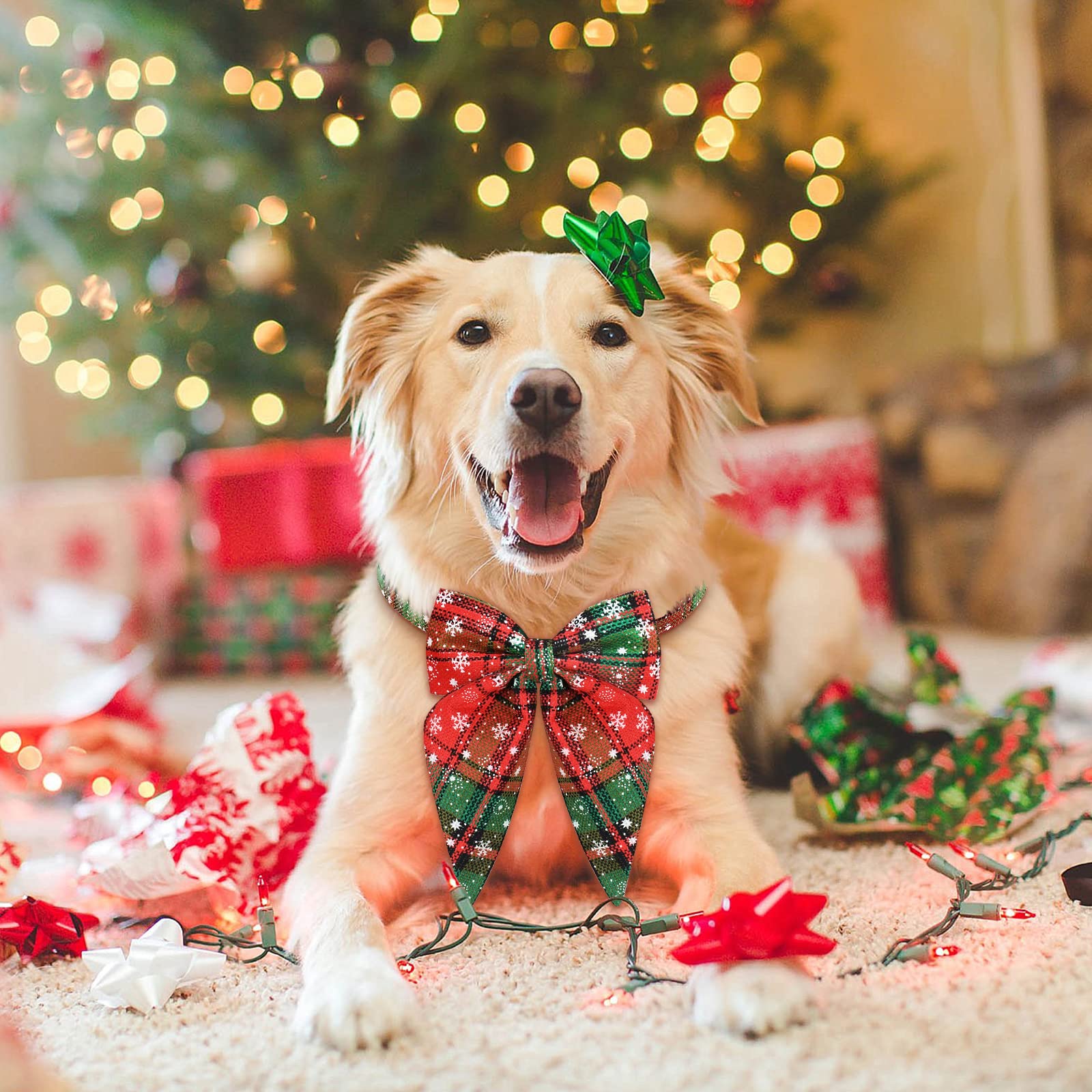 Malier Christmas Dog Collar with Bow Tie - Classic Plaid Pet Collar for Small Medium Large Dogs | Soft Durable Holiday Dog Accessory (Red & Green, Medium) | Perfect for Christmas Photos & Holiday Parties