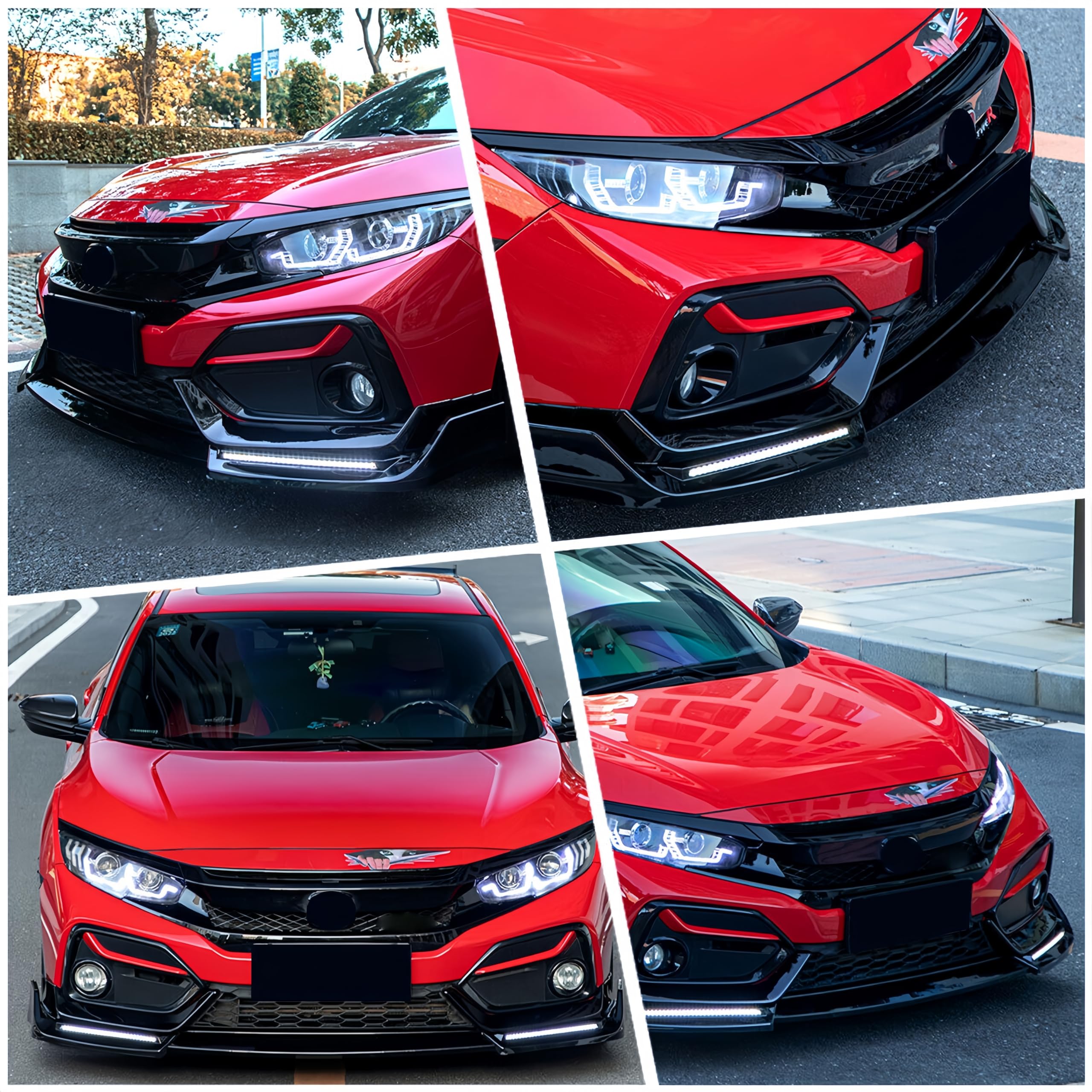 Glossy Black Front Bumper Lip Splitter with LED Daytime Running Lights for 2017-2021 Honda Civic Hatchback & Si | Lower Chin Protection & Air Dam Spoiler | Perfect for Street Racing & Car Customization
