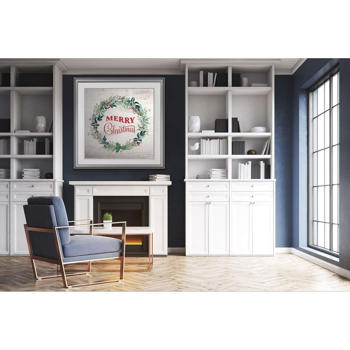 Wexford Home Merry Christmas Wreath - Custom Framed Holiday Wall Art Print in Blue, White, Grey, Yellow, Green, Silver & Gold - 38x38 Inch Christmas Decor for Living Room, Front Door & Holiday Party Decoration