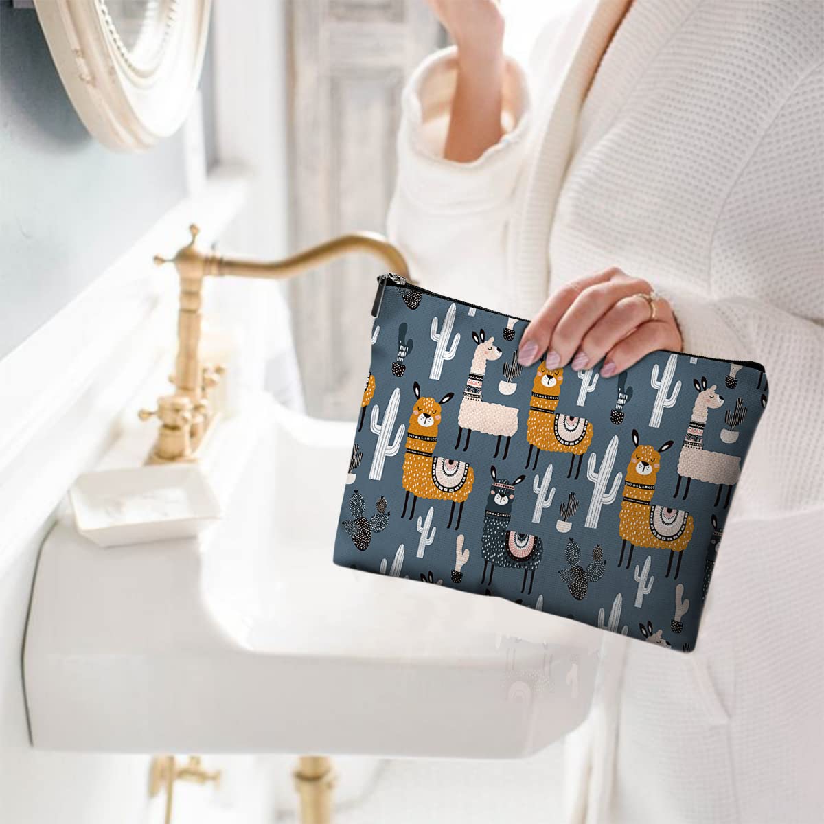 Waterproof Canvas Makeup Bag for Women - Cute Funny Cosmetic Pouch with Zipper, Travel Toiletry Organizer (Alpaca Design, Grey) - Perfect for Purse, Gym & Vacation Essentials