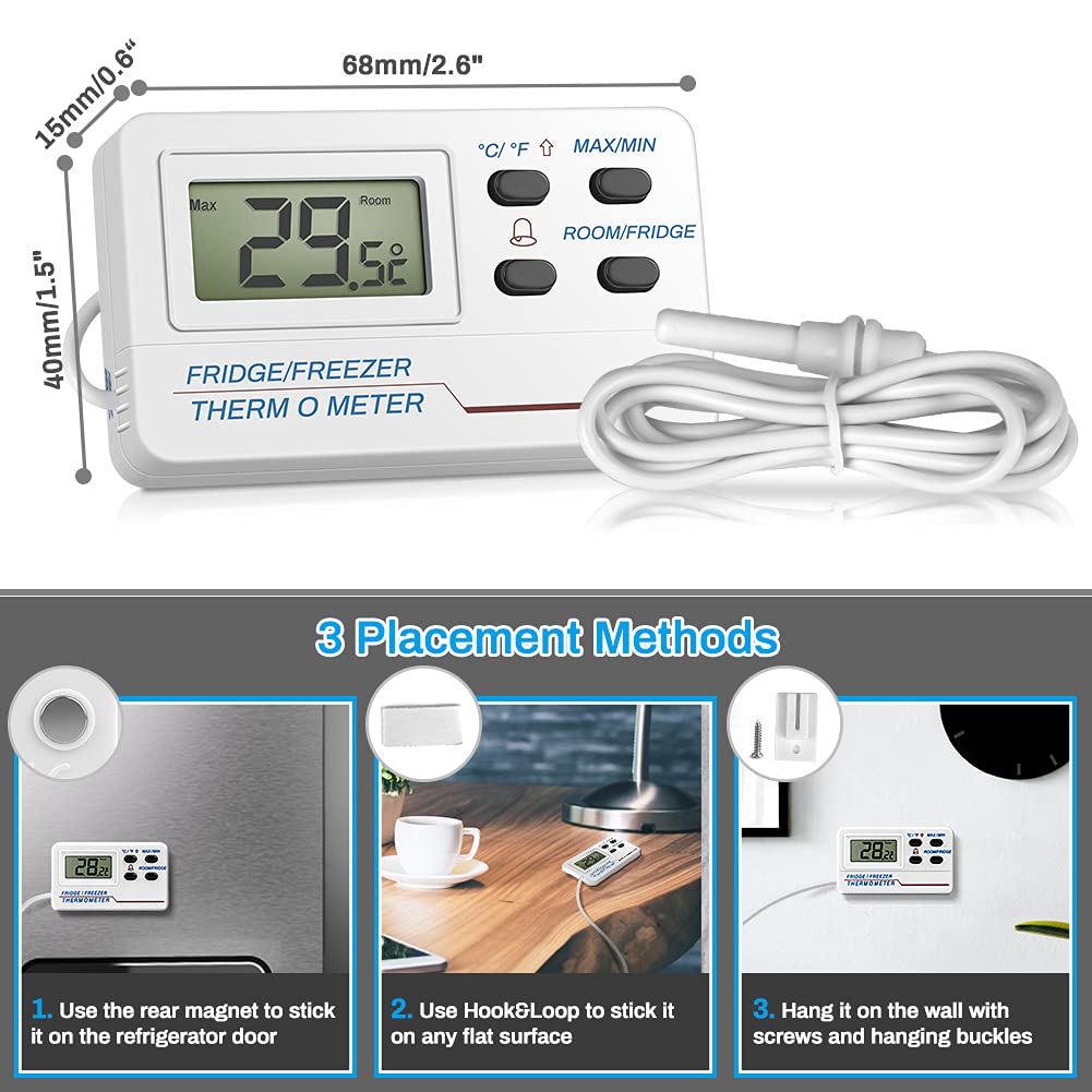 Welltop Digital Fridge Freezer Thermometer with Probe - Wireless Refrigerator Temperature Monitor with Max/Min Memory Alarm - Perfect for Home Kitchen, Bars, Cafes & Food Storage Safety