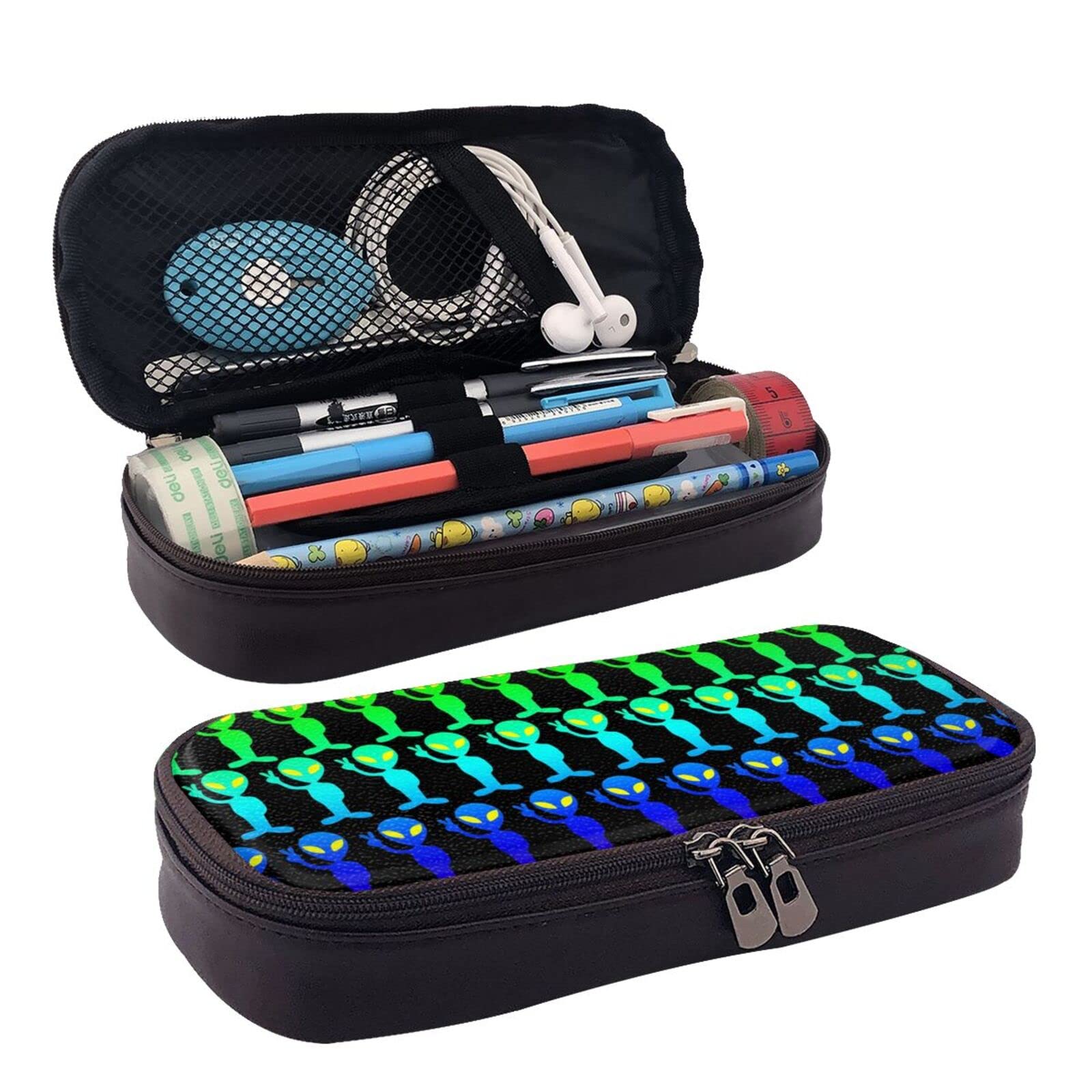 Large Capacity PU Leather Pencil Case with Funny Rainbow Alien Design - School & Office Stationery Organizer for Pens, Pencils, Markers - Perfect Back to School Gift for Middle School, High School & College Students (Use for Classroom, Study, Work & Travel)