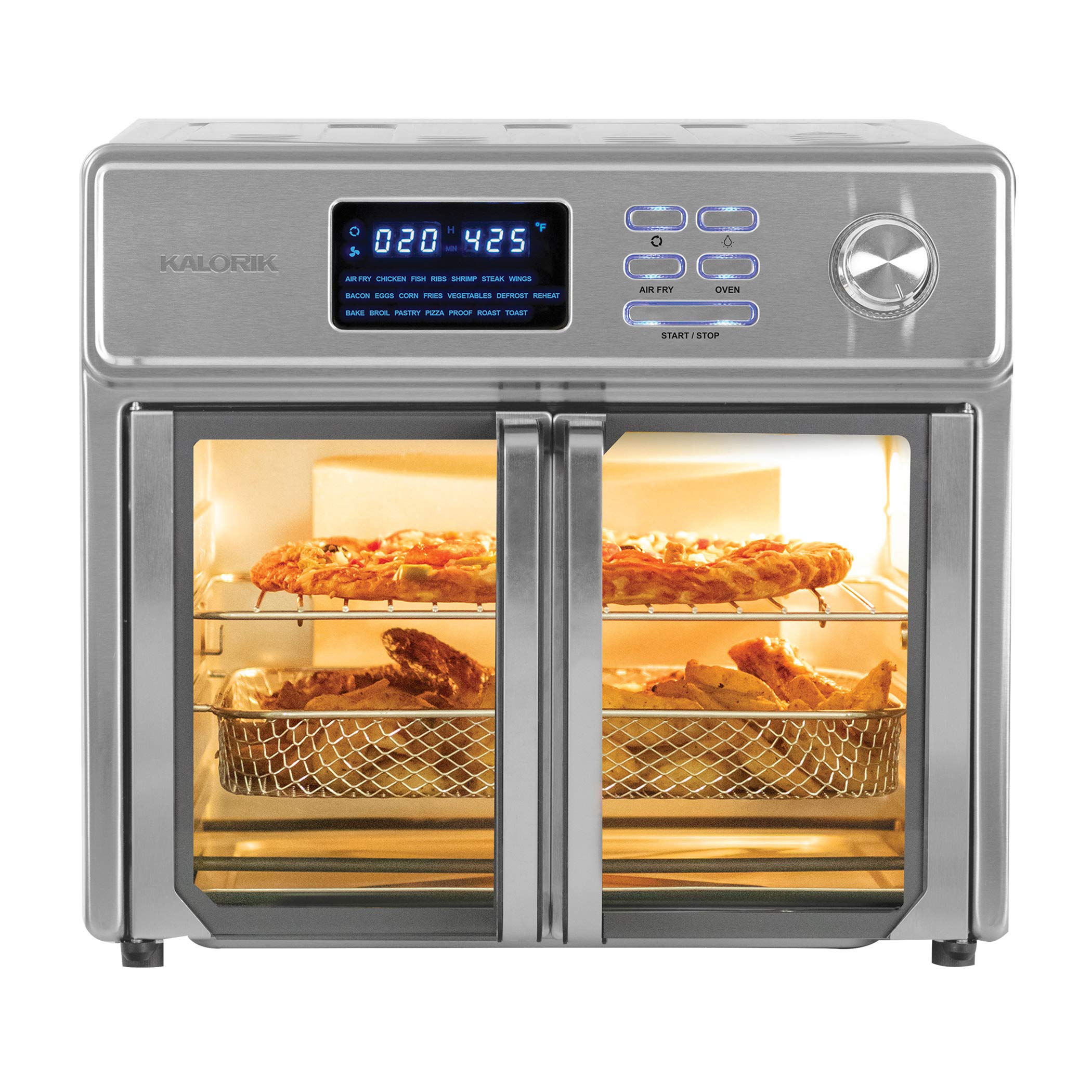 Kalorik 26 QT Digital Maxx Air Fryer Oven - 7-in-1 Multi-Function Countertop Convection Oven with Rotisserie, Dehydrator, Toaster & Slow Cooker | Includes Cookbook | 500°F Fast Heating | Extra Large Capacity Stainless Steel Appliance | Perfect for Family Cooking, Meal Prep & Healthy Air Fried Recipes (Model AFO 47269 SS)