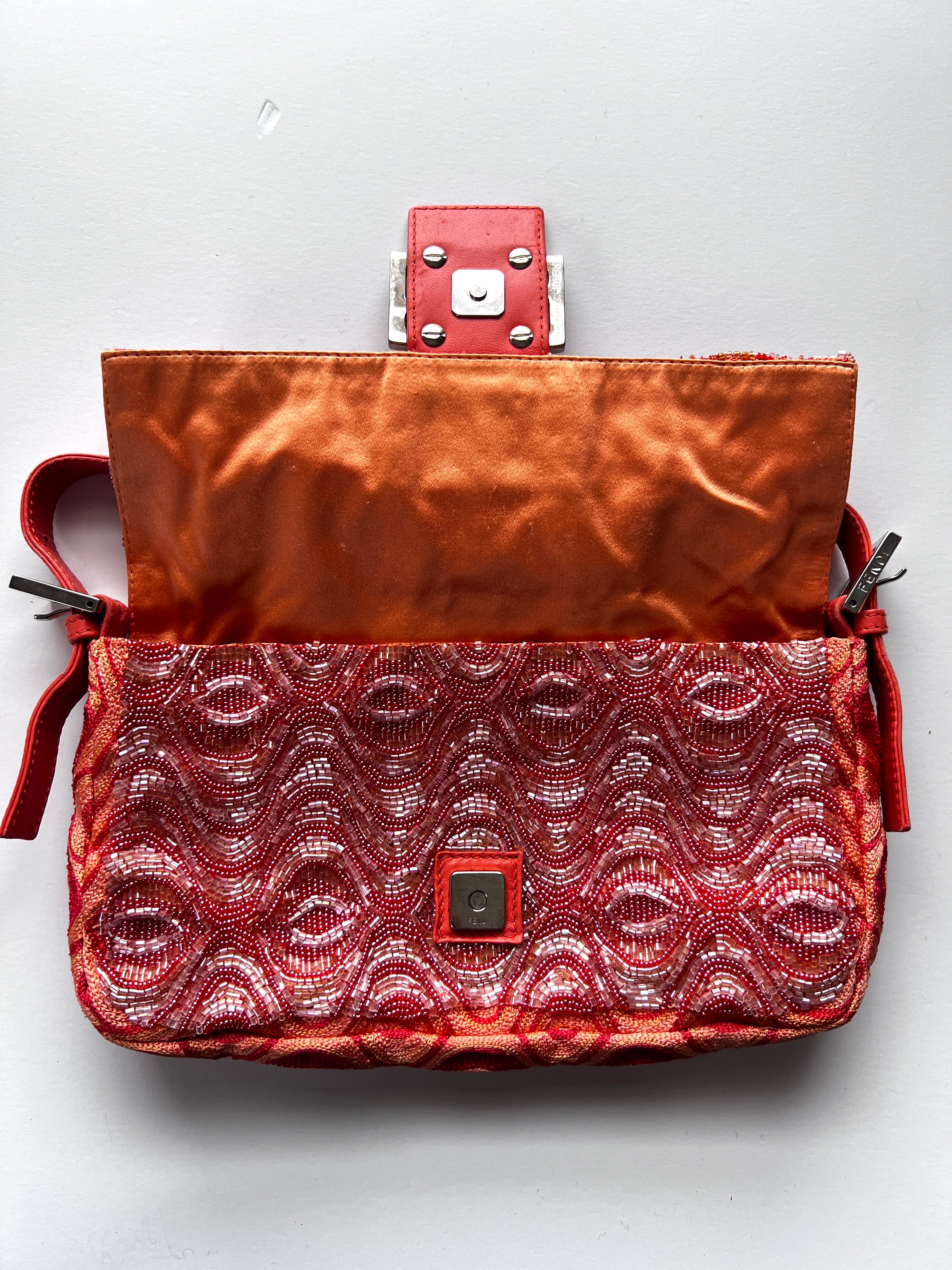 Vintage Fendi Orange Wave Pattern Beaded Baguette Bag - Luxury Designer Crossbody Purse for Women, Perfect for Parties, Weddings & Evening Events