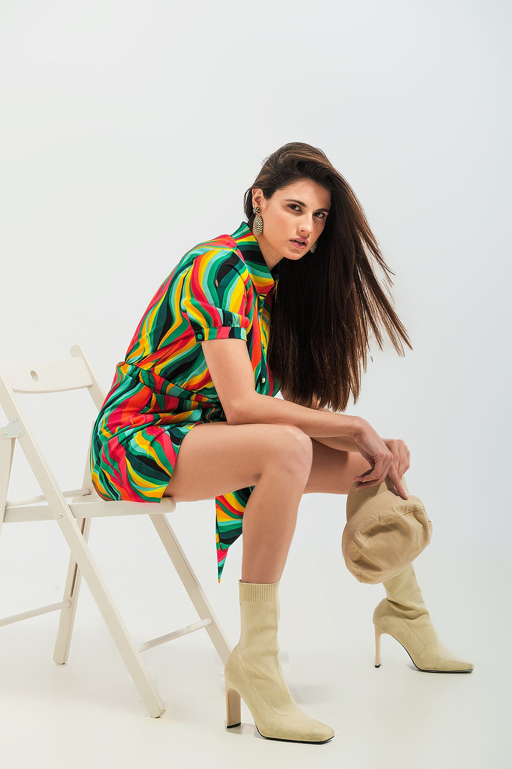 Green Swirl Print Short Wallet Shirt Dress for Women | Casual Summer Outfit & Beach Cover-Up