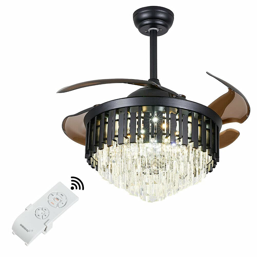 42 Inch Black Crystal Ceiling Fan with LED Light and Remote Control - Retractable Blades for Indoor Use - Perfect for Restaurants, Bars, Hotels and Living Rooms - Modern Chandelier Style Ceiling Fan for Home and Commercial Lighting