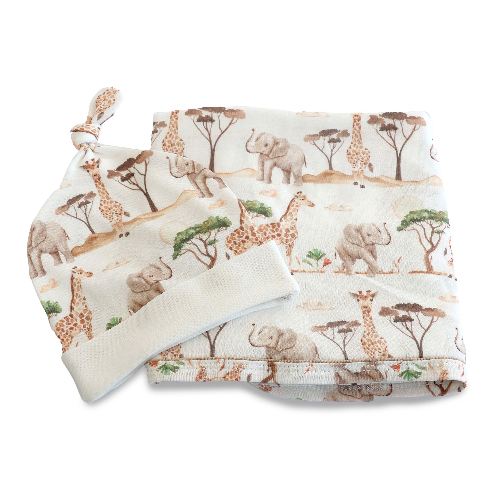 Adventure Bamboo 2-Piece Organic Cotton Jersey Swaddle & Beanie Set for Newborns - Soft Baby Wrap Blanket and Hat Gift Set for Hospital, Photo Shoots & Nursery