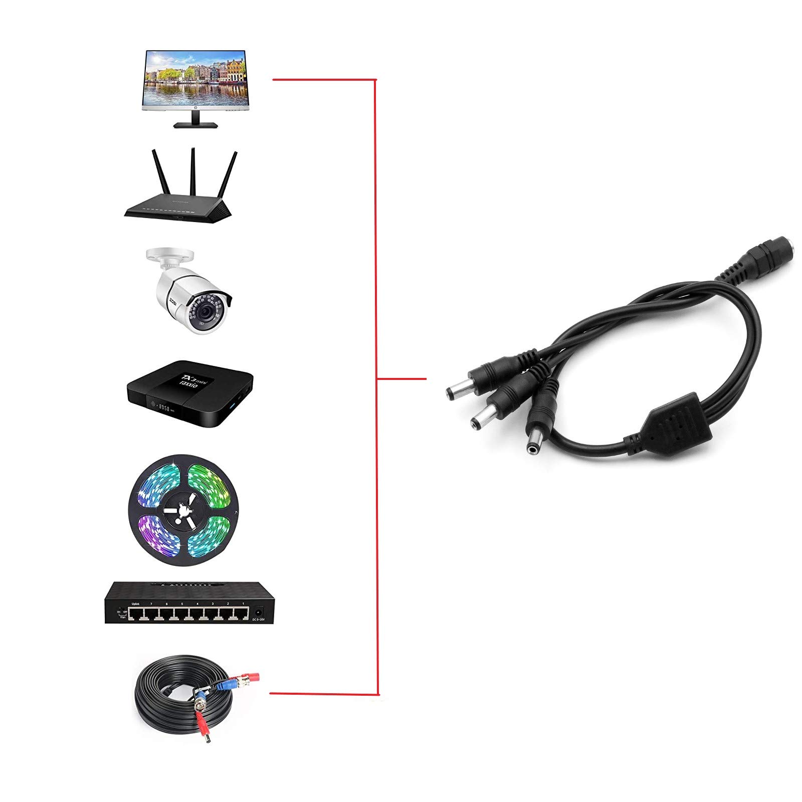 2.1mm DC Splitter Cable 2-Pack, 1 Female to 3 Male 2.1x5.5mm DC Power Extension Cord for CCTV Cameras, LED Light Strips - Perfect for Home Security Systems and DIY Lighting Projects