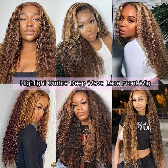13x4 Highlight Ombre Deep Wave Lace Front Wig - 100% Human Hair - Honey Blonde HD Transparent Lace - Pre Plucked with Baby Hair - 180% Density - 26 Inch - Perfect for Daily Wear, Parties & Special Occasions