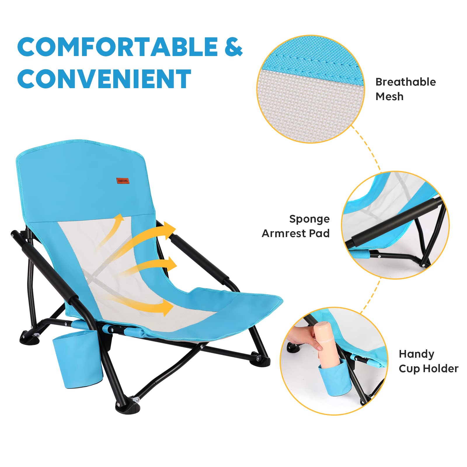 TOBTOS Low Beach Chair for Adults - 2 Pack Heavy Duty Folding Chairs with Cup Holder & Carry Bag - Portable Low Profile Outdoor Chairs for Beach, Camping, Concert, Travel, Picnics and Backyard Relaxation