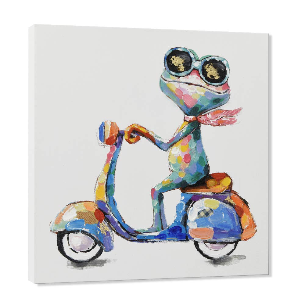 JAPO ART Funny Frog Riding Motorcycle Hand Painted Oil Painting - 40x40 Inch Stretched Canvas Wall Art for Kids Room, Bedroom & Living Room Decor - Ready to Hang Gift for Animal Lovers & Unique Home Decor