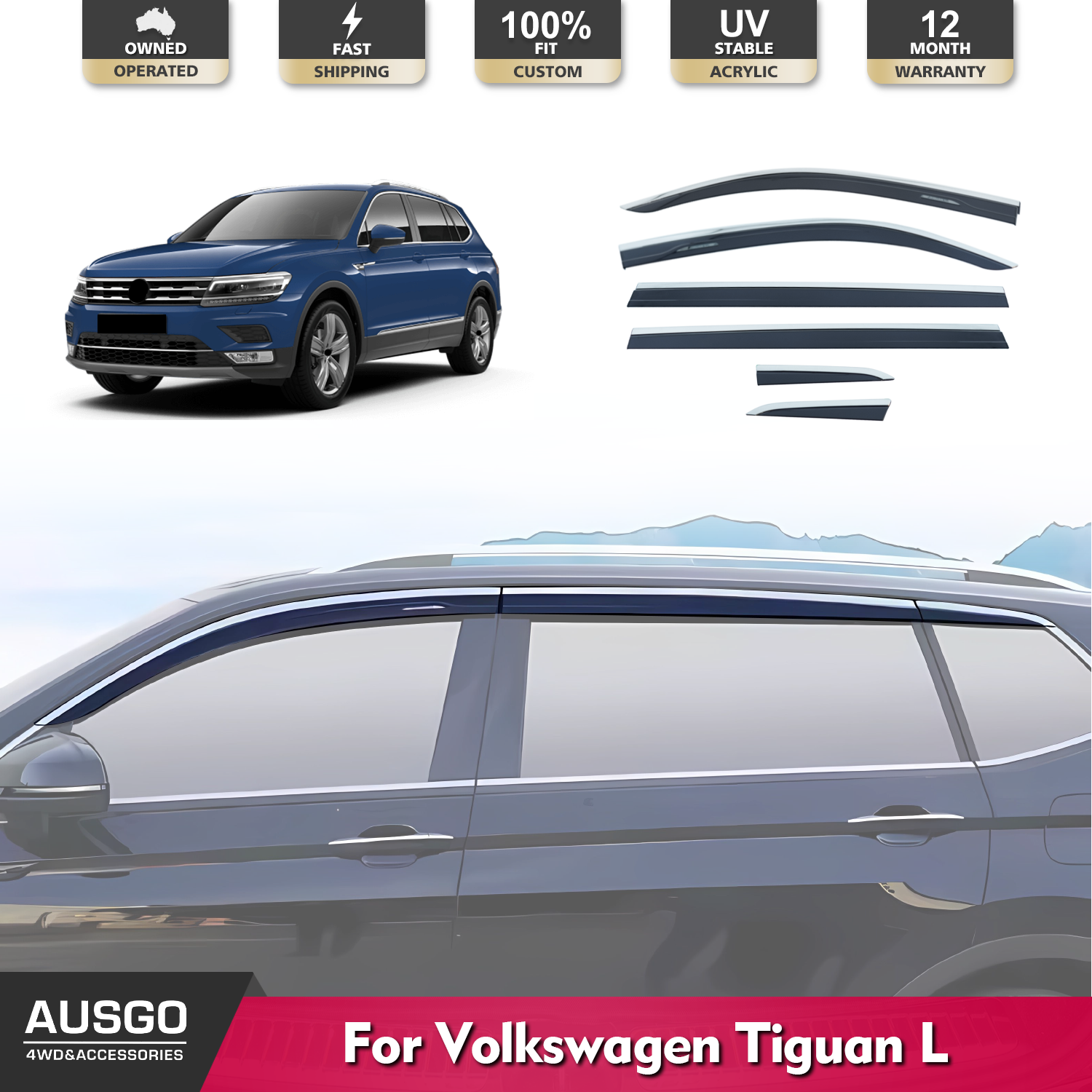 Volkswagen Tiguan L Allspace 2016-2025 Stainless Steel Window Deflectors | Rain Guards & Wind Noise Reduction for All-Weather Protection | Perfect for Road Trips & Daily Commuting