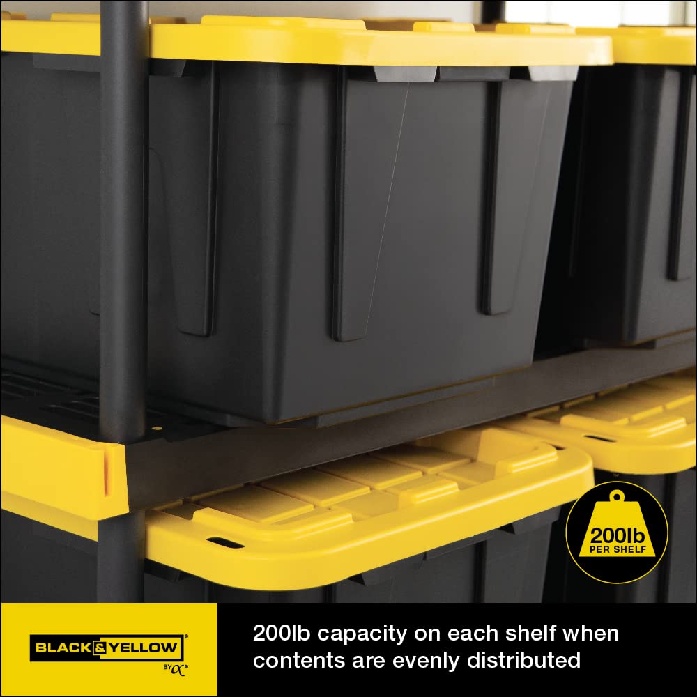 CX Black & Yellow® Heavy Duty Storage Shelving Unit with 27 Gallon Containers (4-Pack) - Ultra Durable Metal Rack for Garage, Warehouse & Home Organization