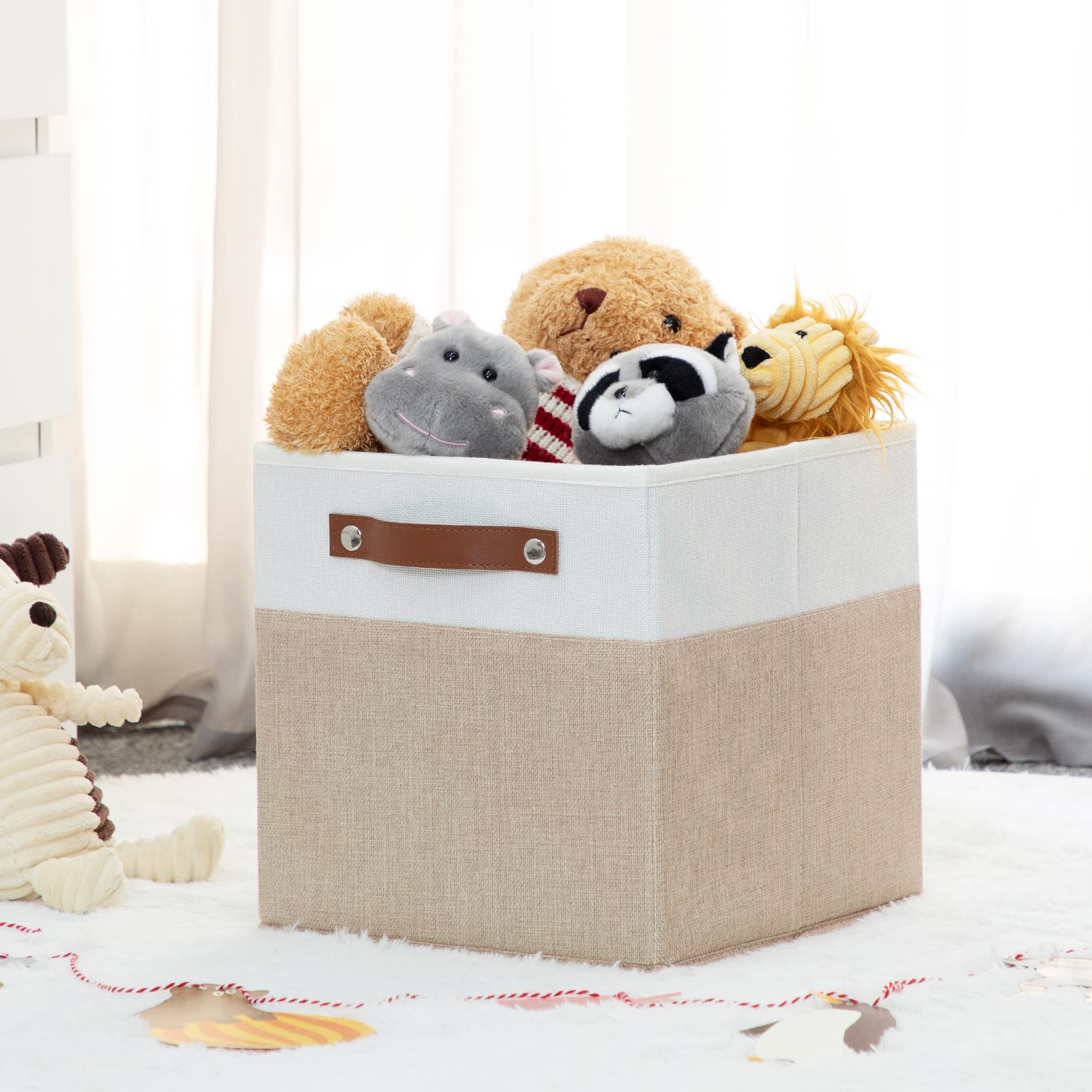 HNZIGE 11x11 Inch Foldable Fabric Storage Bins with Leather Handles - 4 Pack White Beige Storage Cubes for Shelves | Organize Clothes, Toys, Home & Nursery Decor | Space Saving Storage Solution for Bedroom, Closet & Kids Room