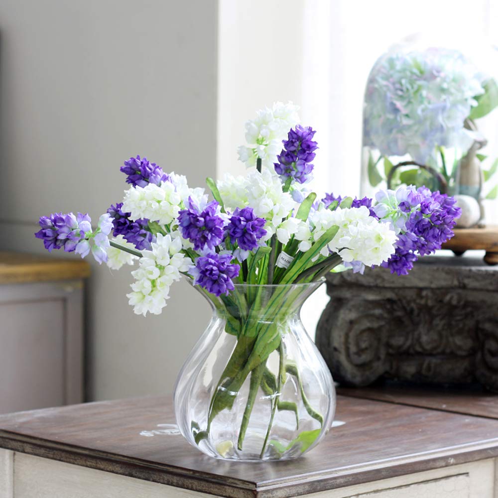 Riverbyland Artificial Hyacinth Flowers - 8 Pack Purple and White Faux Floral Stems for Home Decor, Office, Wedding, and Event Centerpieces