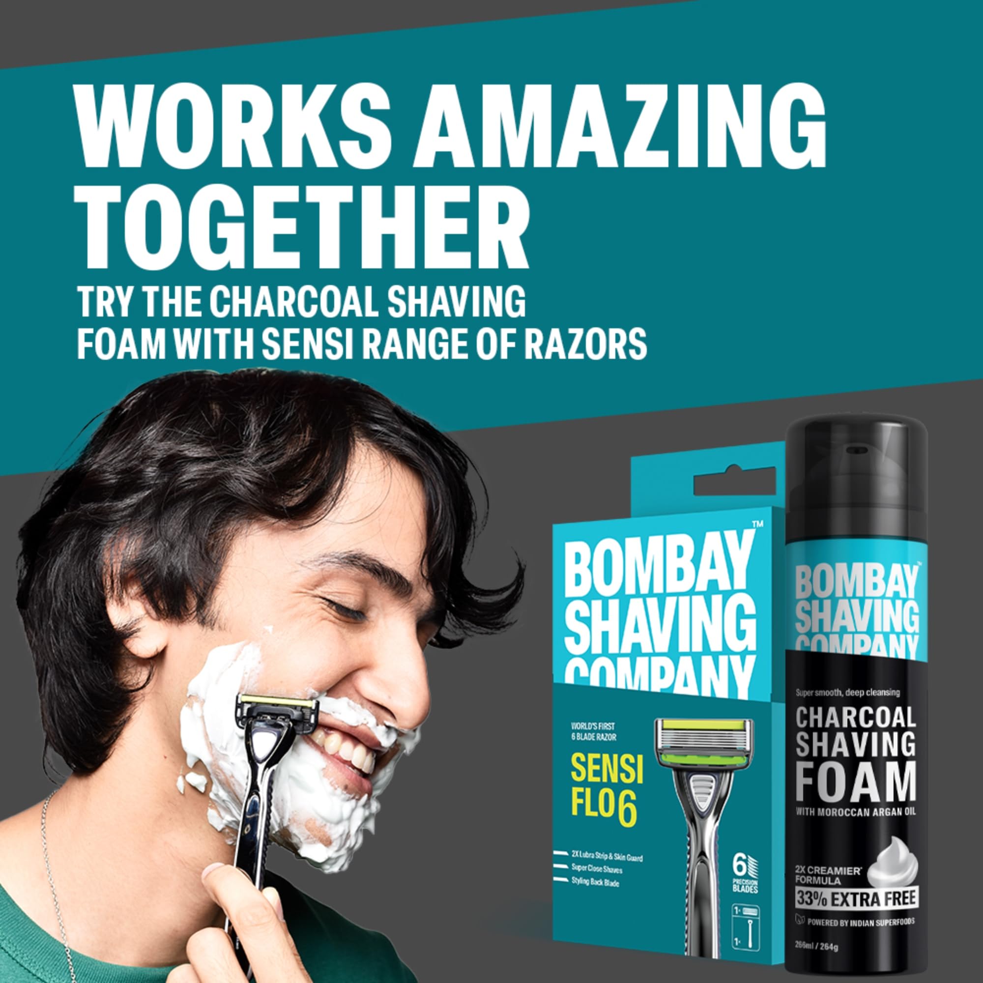 Bombay Shaving Company Charcoal Shaving Foam for Men - 266ml (33% Extra) with Activated Charcoal & Moroccan Argan Oil - Soothing & Hydrating Shave Cream for Sensitive Skin - Perfect for Daily Shaving & Travel