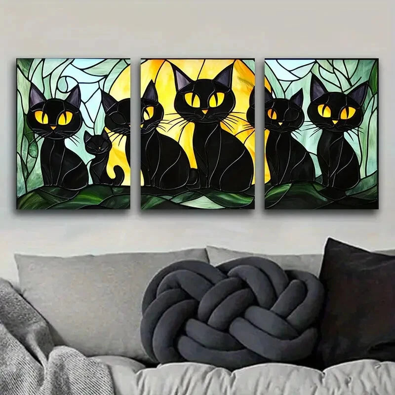 3pcs Black Cats Family Metal Wall Art - Ready to Hang Home Decor for Living Room, Bedroom & Office