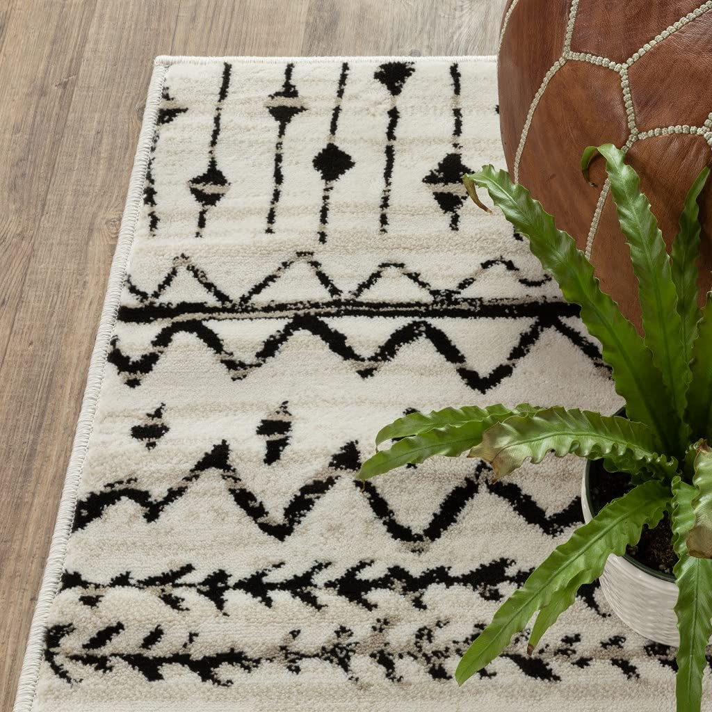 HomeRoots Polypropylene 2' x 8' Ivory and Black Eclectic Patterns Indoor Runner Rug - Non-Slip Hallway Carpet for Entryway, Kitchen, and High Traffic Areas