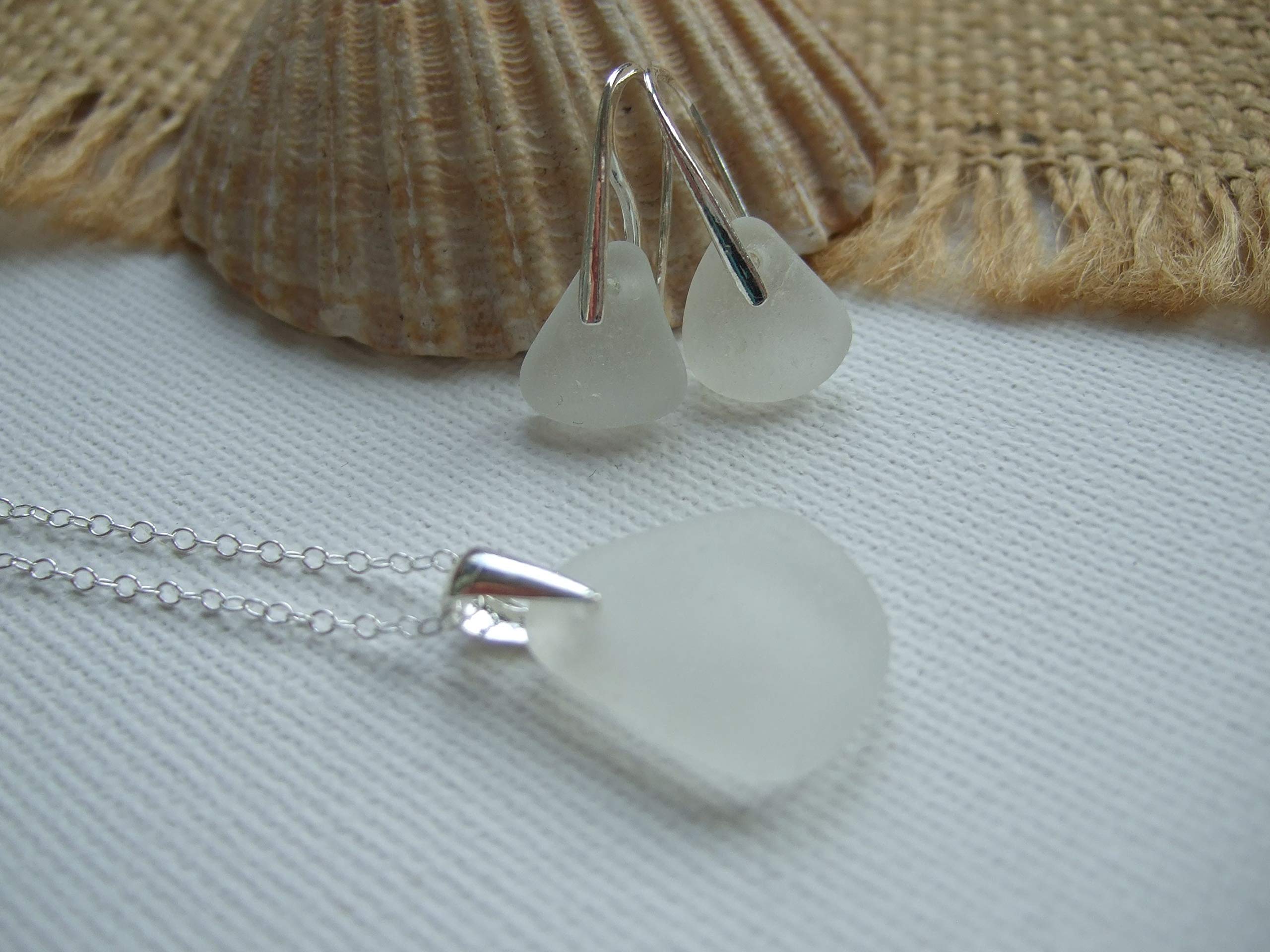 Petite Scottish Sea Glass Jewelry Set - Sterling Silver Beach Glass White Necklace & Earrings | Perfect for Beach Weddings, Boho Fashion & Gift Giving