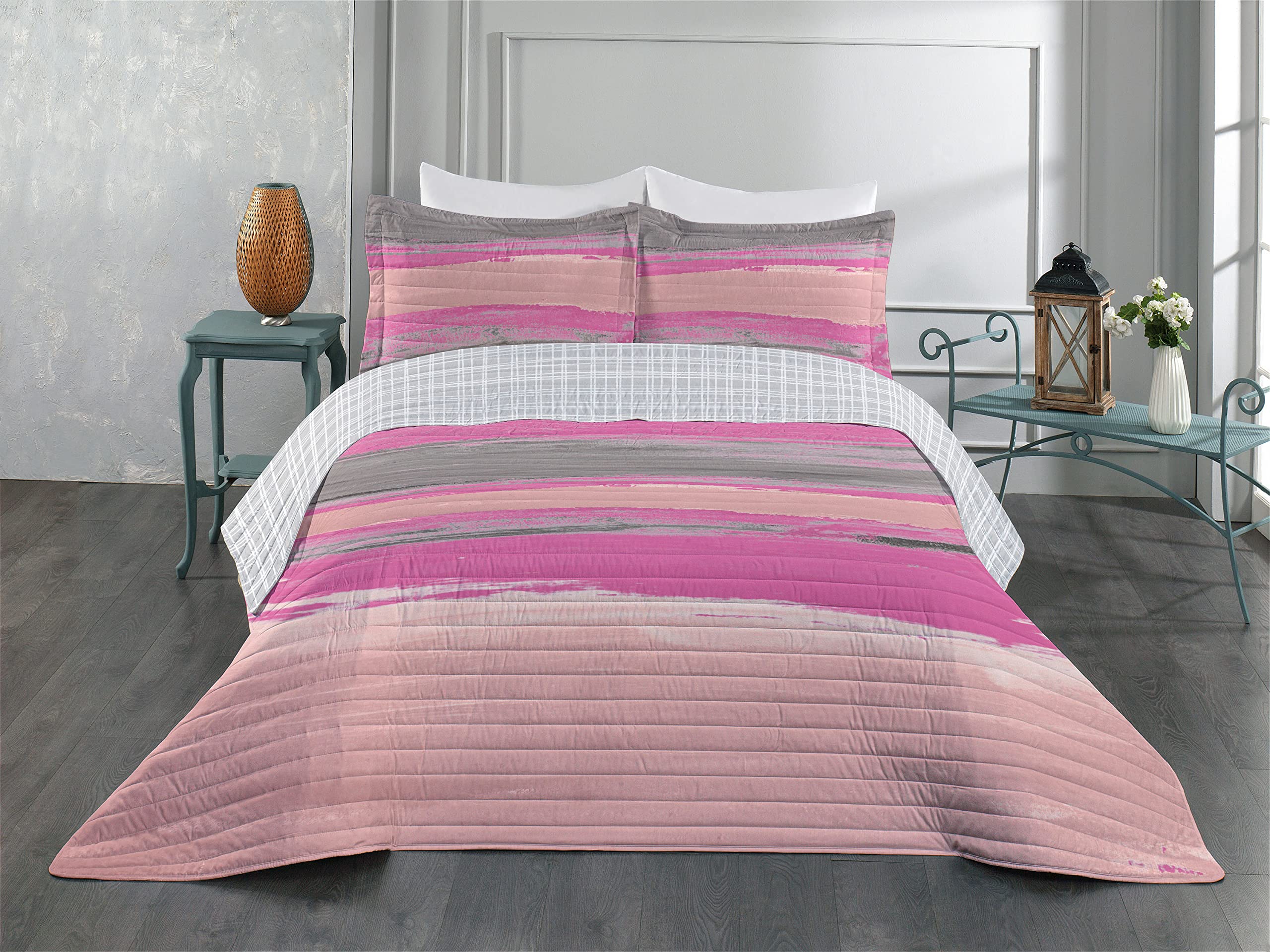 Ambesonne Grunge Reversible King Size Bedspread Set - Watercolor Abstract Art Design with Brush Stroke Effects, Microfiber Comforter & Pillow Shams in Pink Dimgray Pale Rose | Modern Bedroom Decor for Master Suite, Guest Room & Dorm